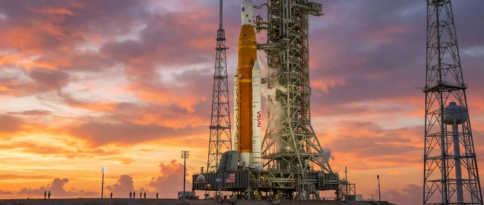 Space Launch System rocket on launch pad before historic Artemis II crewed mission