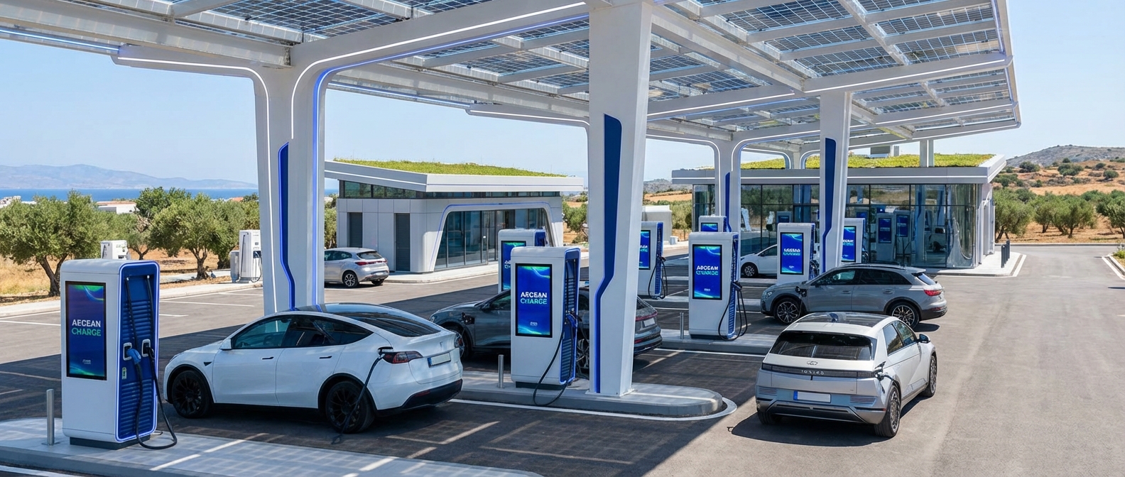 Electric vehicle charging next to traditional petrol station highlighting energy transition