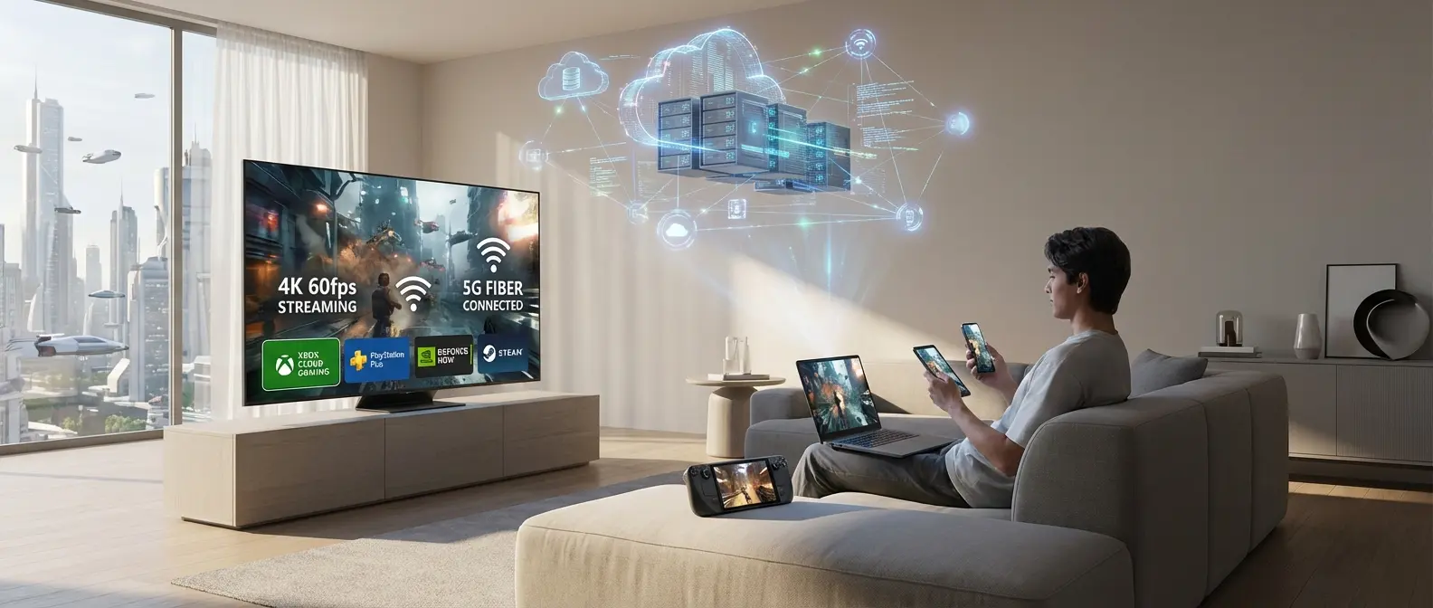 Futuristic Cloud Gaming Overview: Multiple devices (smartphone, tablet, laptop, Smart TV, handheld) playing AAA games simultaneously via cloud servers with 5G & fiber connections at 4K 60fps