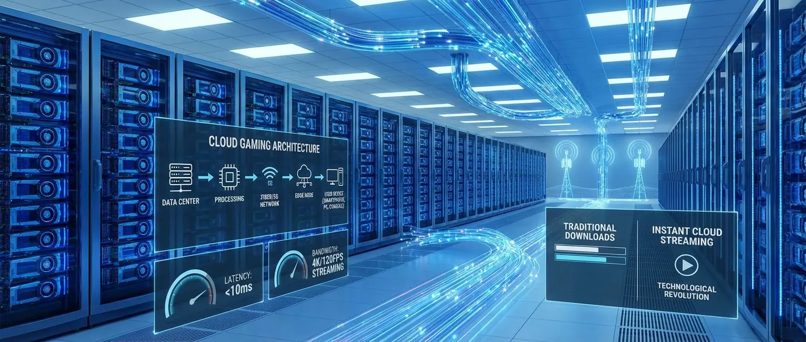Cloud Gaming Infrastructure: Massive data centers with powerful GPUs, fiber optic & 5G towers, technical diagrams & architecture, latency indicators, downloads vs instant streaming comparison - the future of game delivery