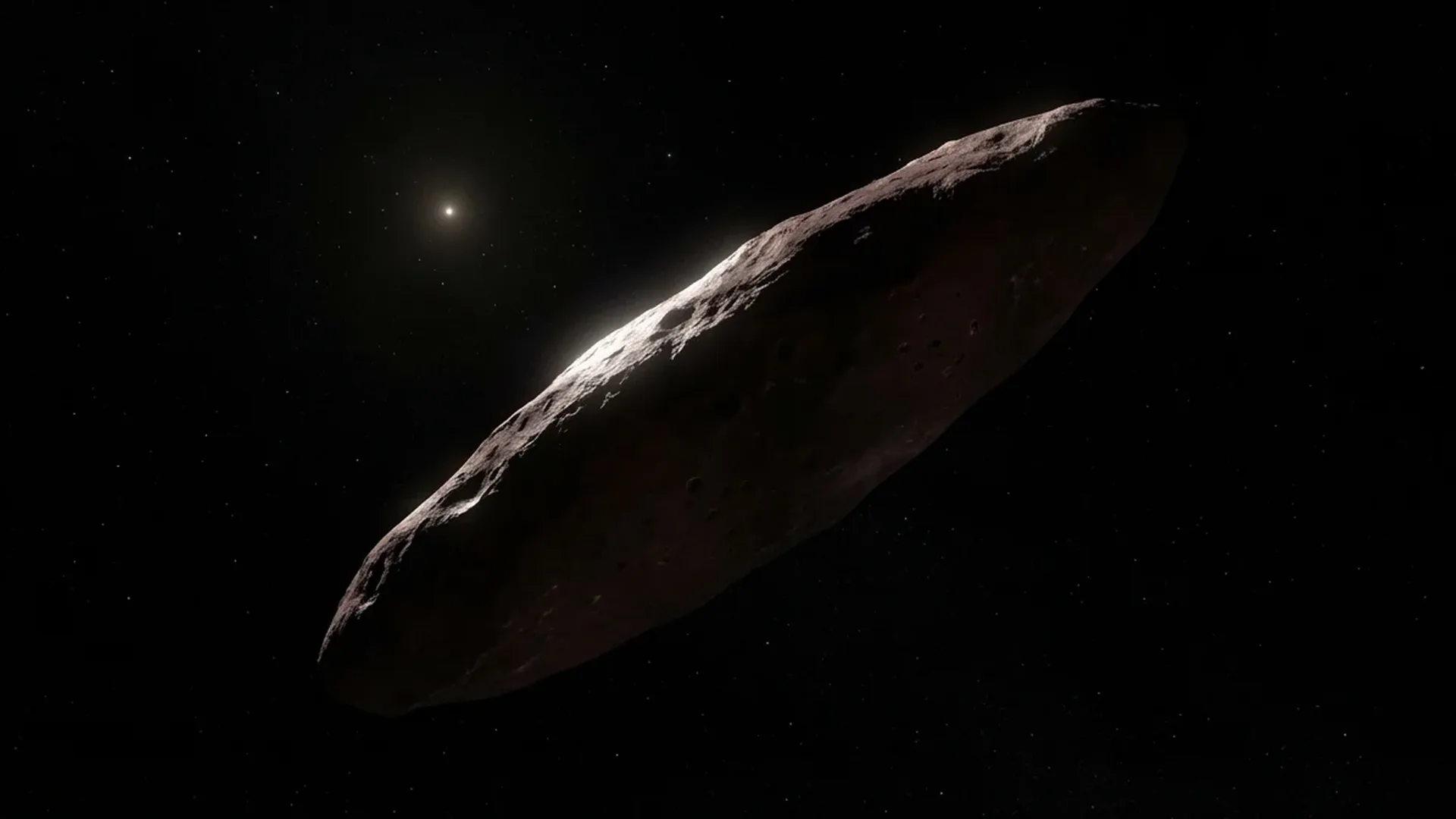 Artist's impression of 'Oumuamua, the cigar-shaped interstellar object tumbling through space with unusual acceleration