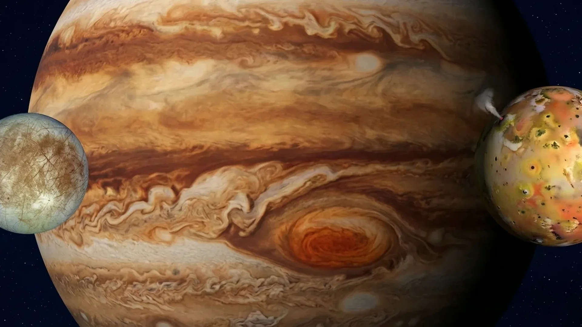 Jupiter and its four largest moons including Europa with subsurface ocean