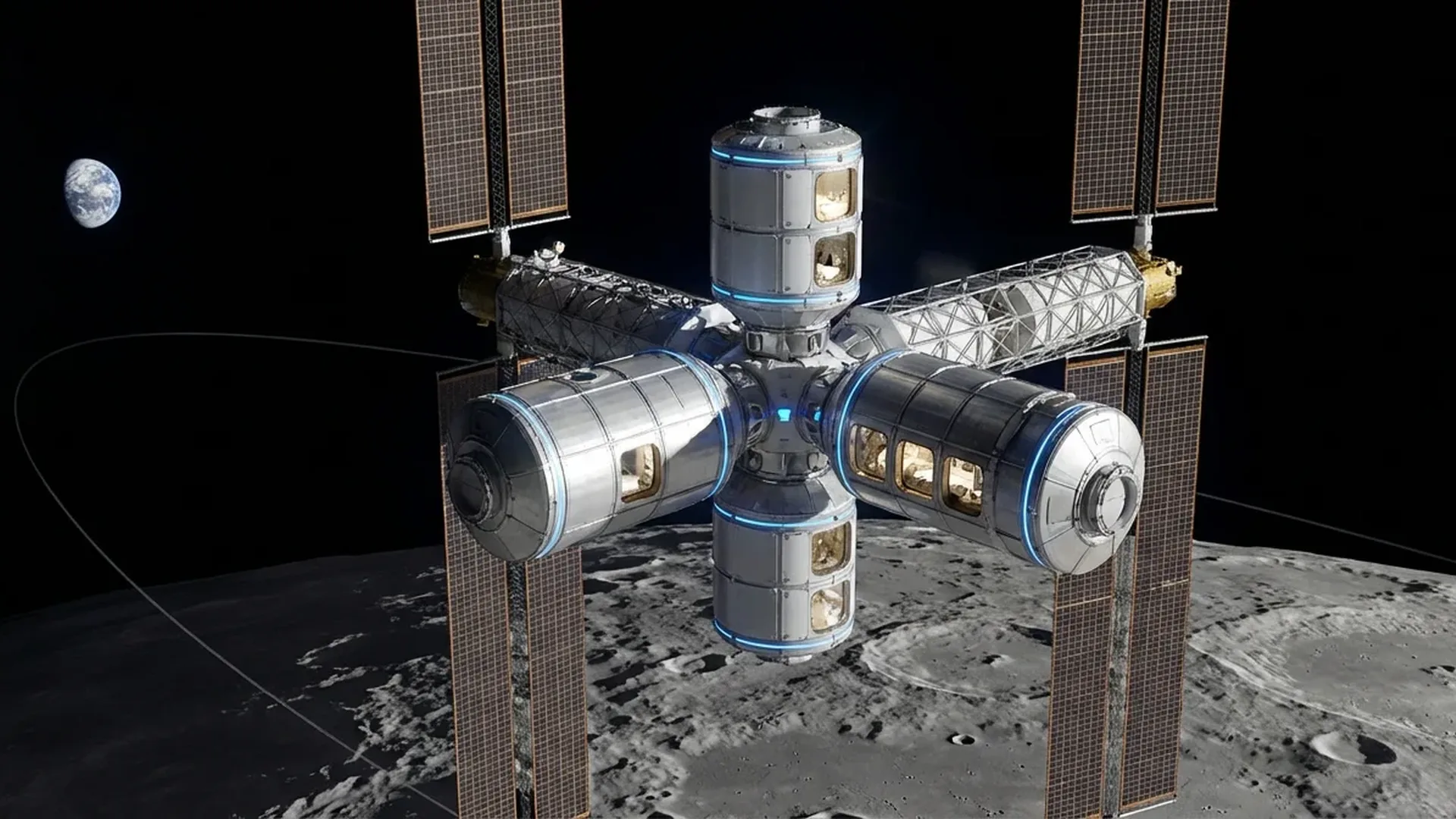 NASA's Lunar Gateway space station concept orbiting around the Moon with modular components and solar arrays