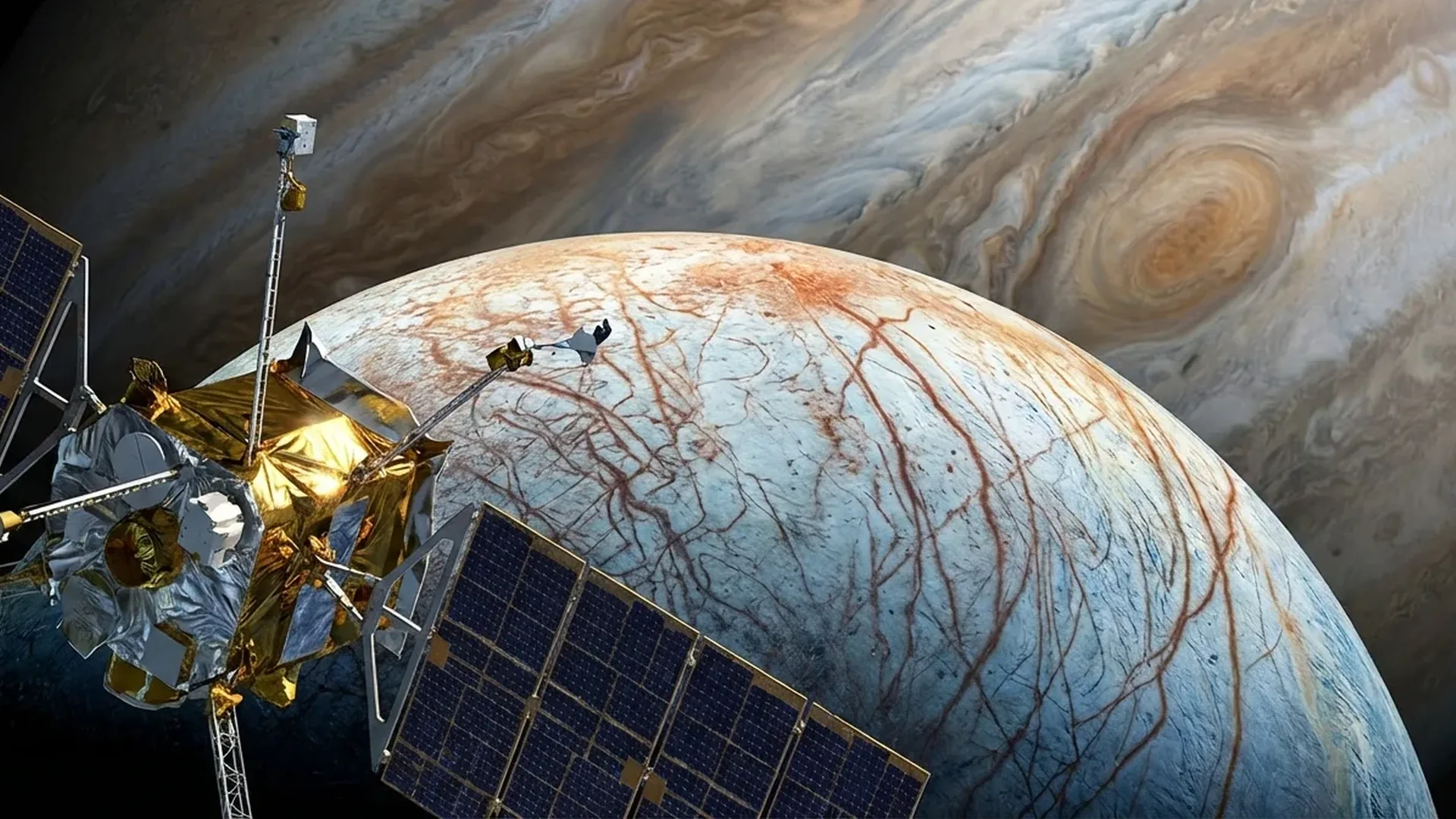 NASA's Europa Clipper spacecraft approaching Jupiter's ice-covered moon Europa with its solar arrays deployed