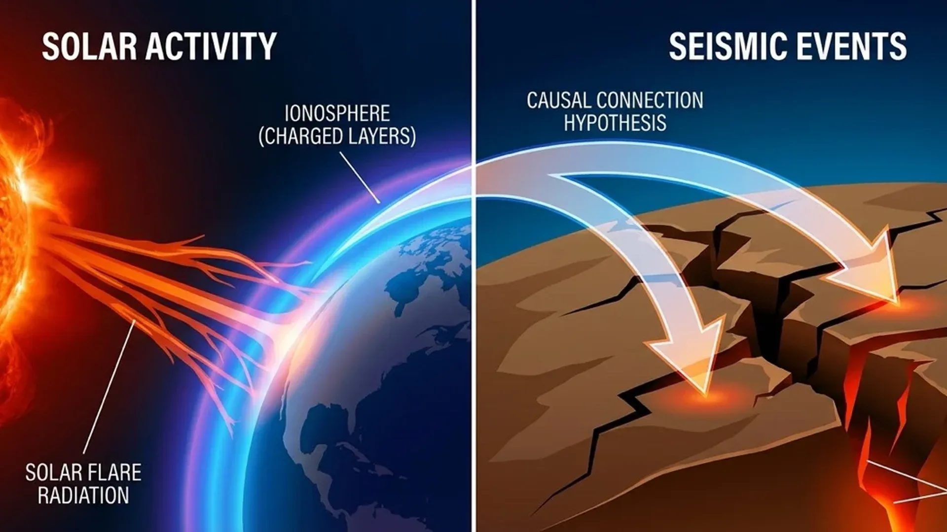 Solar flare eruption with Earth showing seismic activity correlation study visualization