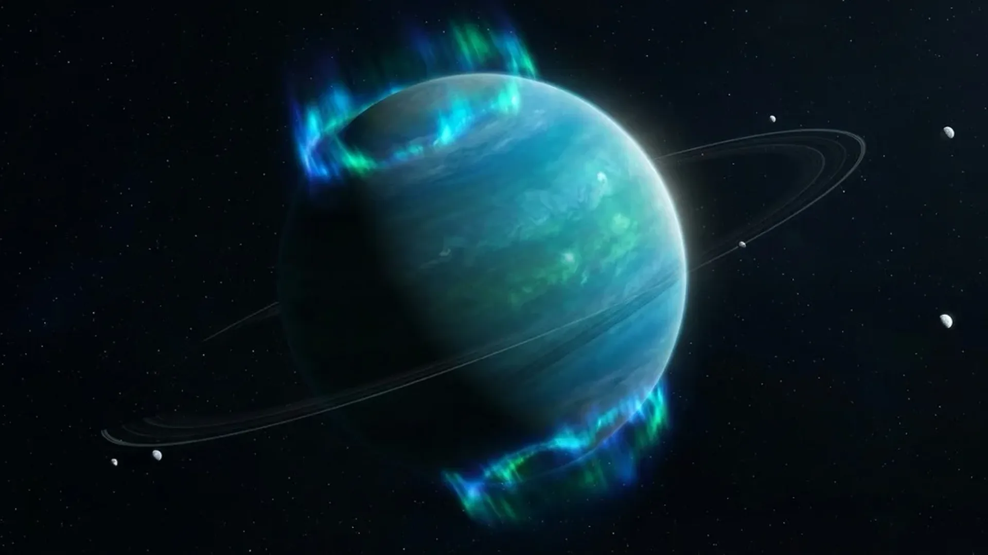 James Webb Space Telescope's 3D mapping visualization of Uranus showing glowing auroras and atmospheric layers