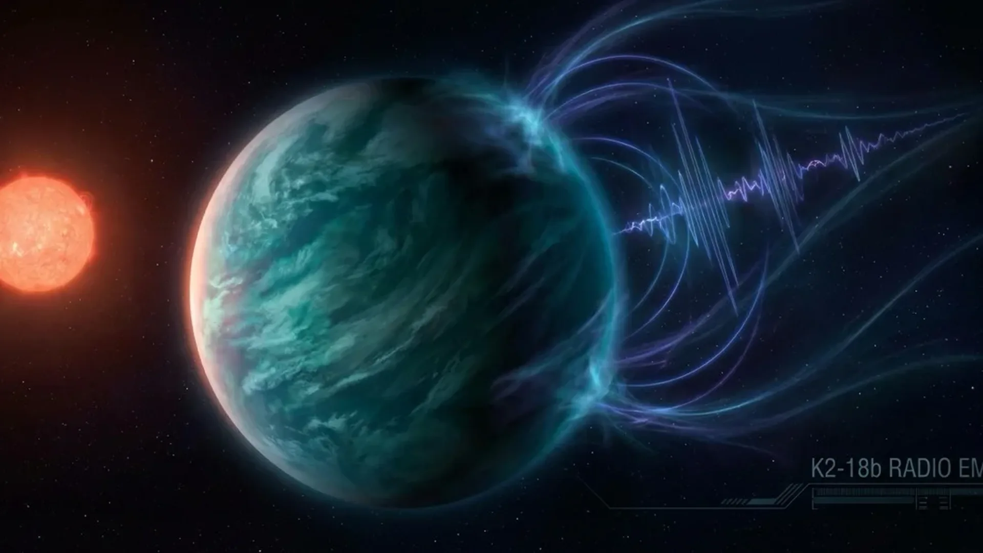 Artist's rendering of K2-18b exoplanet showing its thick hydrogen atmosphere and potential ocean beneath