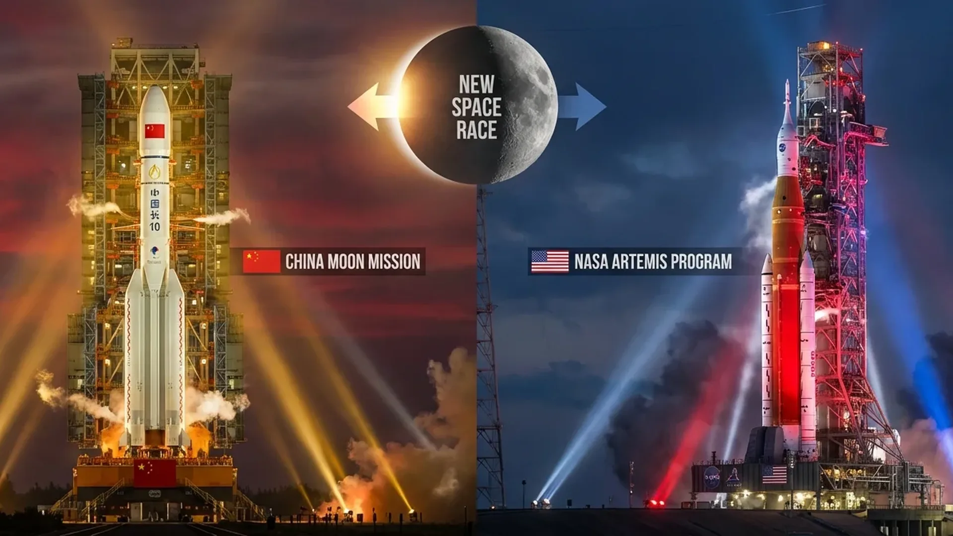 NASA Artemis spacecraft approaching lunar surface while Chinese Chang'e lander explores the Moon's far side, illustrating the intense 2020s space race between superpowers