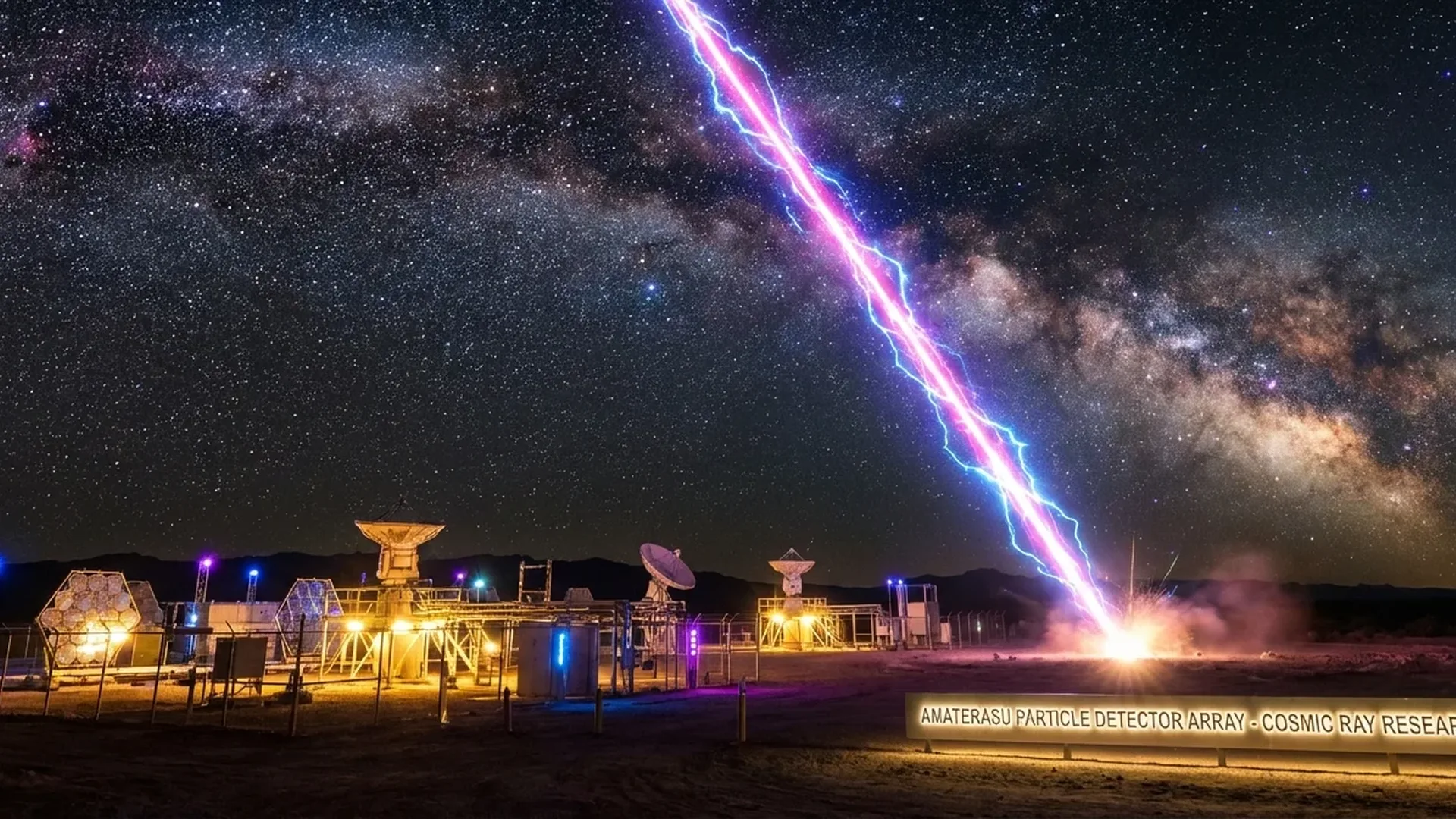 Telescope Array detector grid in Utah desert capturing ultra-high-energy cosmic ray particles like Amaterasu