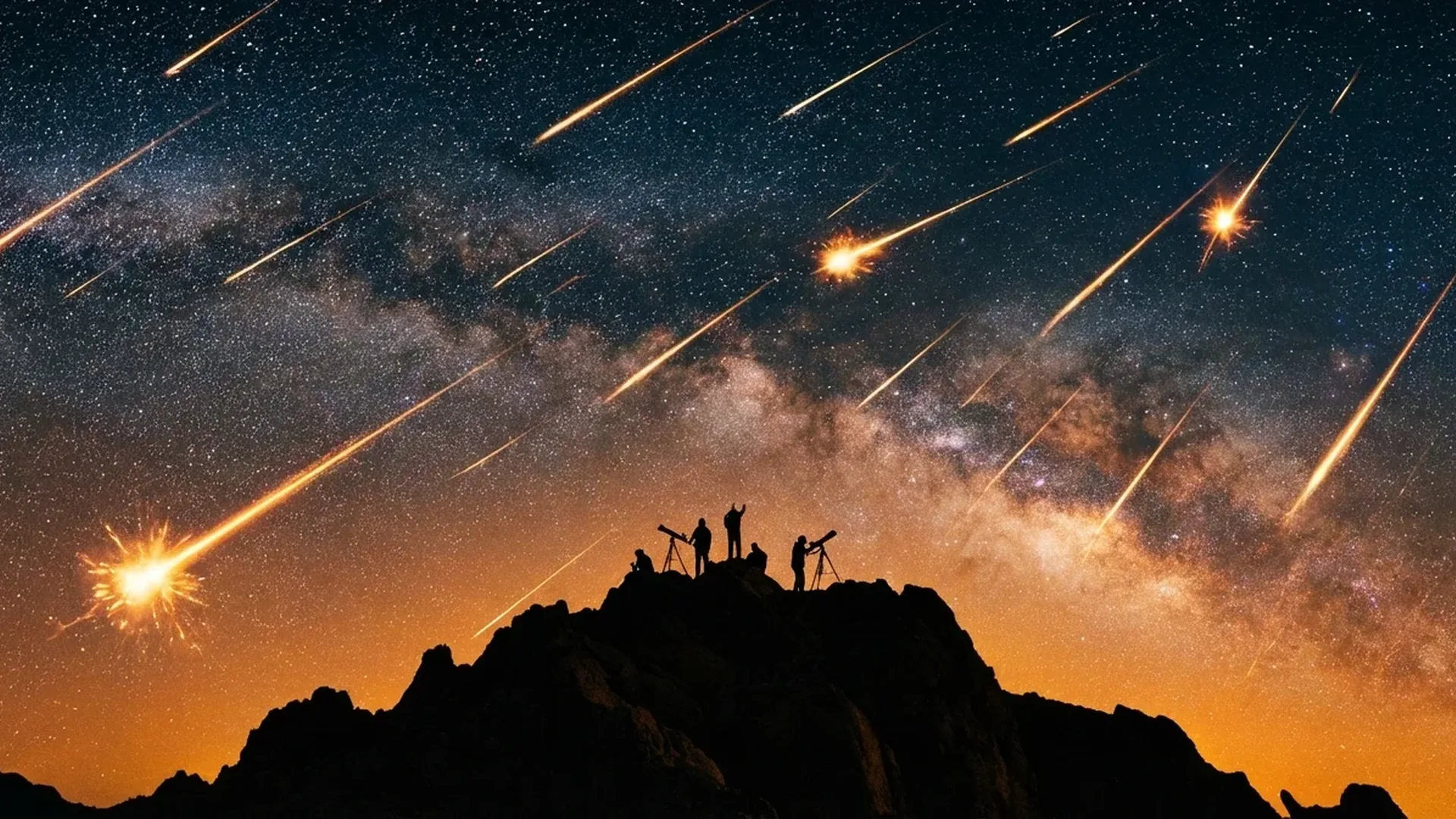 Brilliant meteor shower streaking across dark night sky with constellation backdrop in 2026