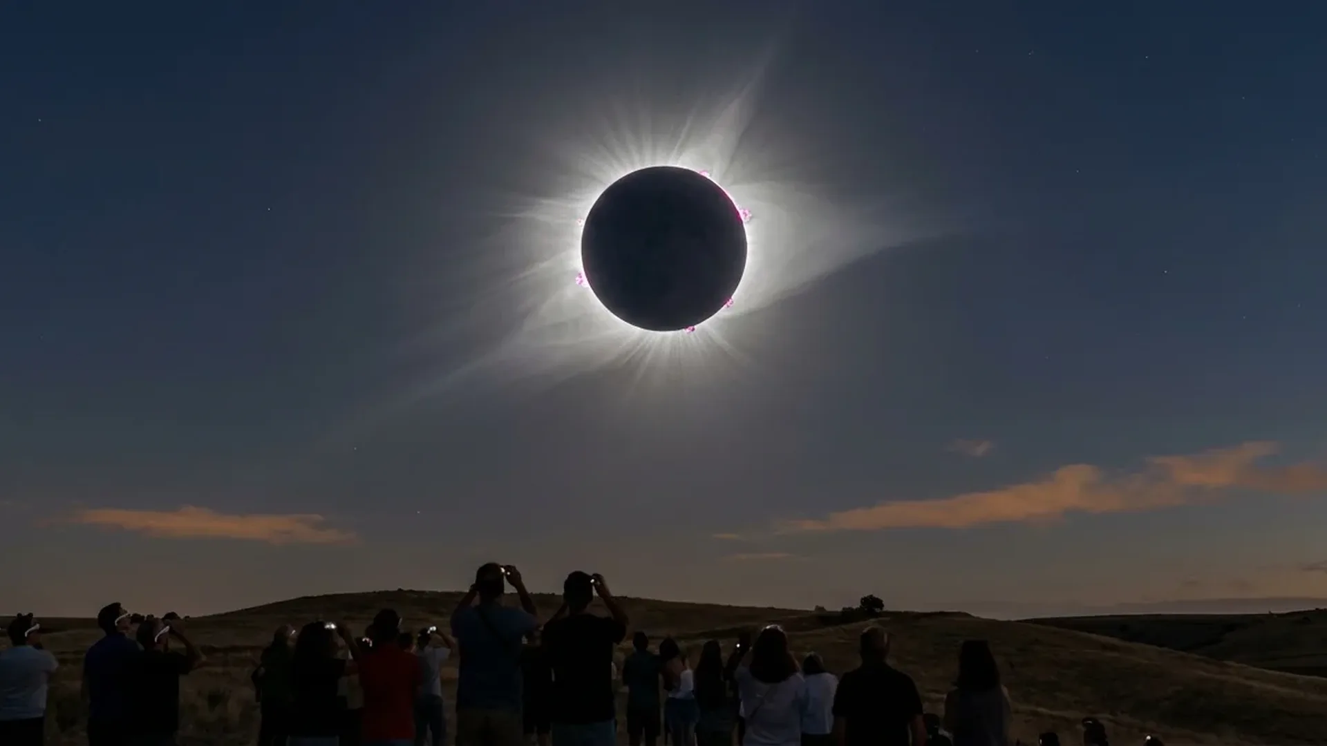 Total solar eclipse showing corona during totality phase over Spanish landscape in August 2026