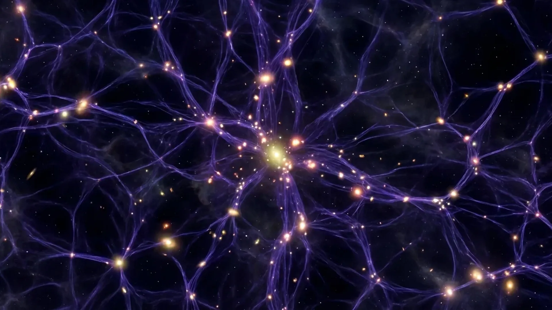 Dark matter visualization showing invisible cosmic web structure holding galaxies together