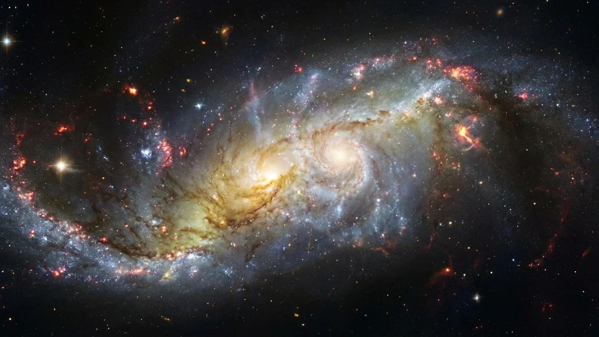 Computer simulation showing the Milky Way and Andromeda galaxies colliding in deep space