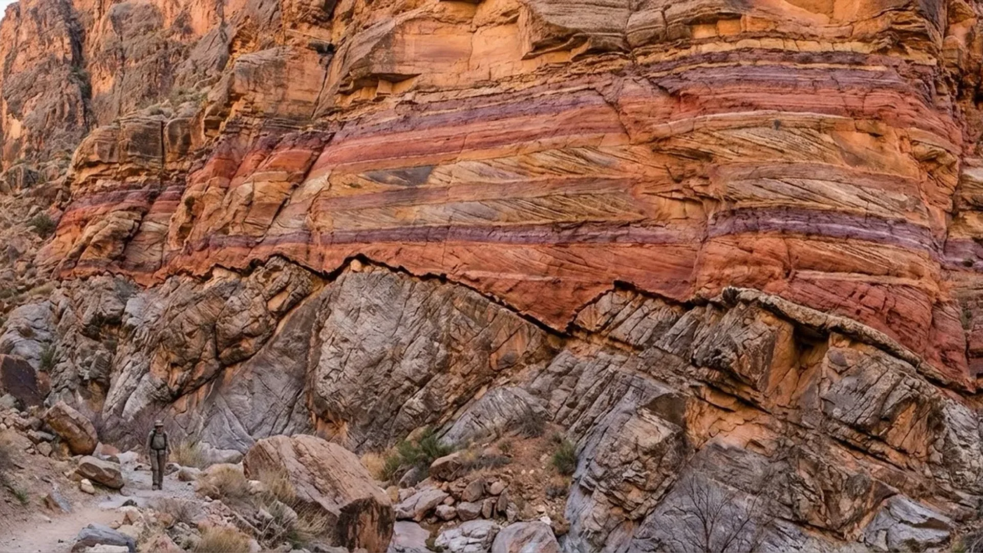 Cross-section view of the Great Unconformity showing 800-million-year gap in rock layers with tectonic explanation