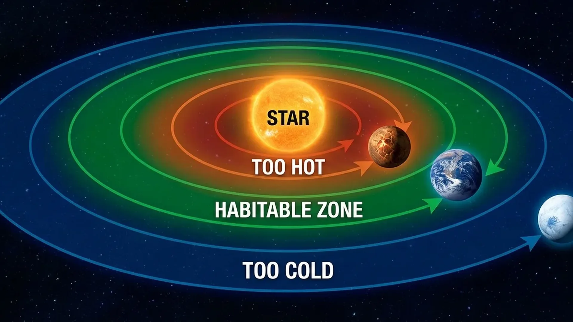Artist's concept showing multiple exoplanets orbiting within the habitable Goldilocks Zone around their host star