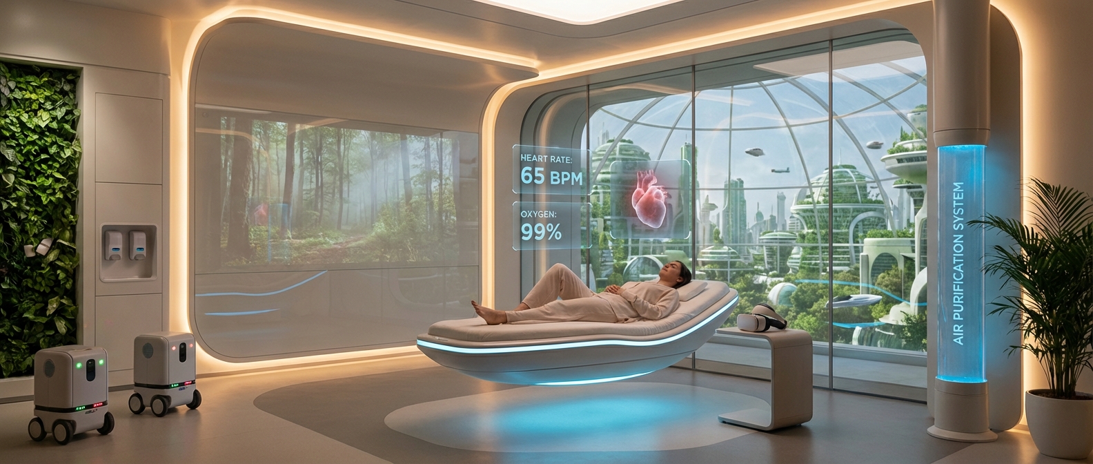 Futuristic home recovery room with embedded medical technology and natural environment