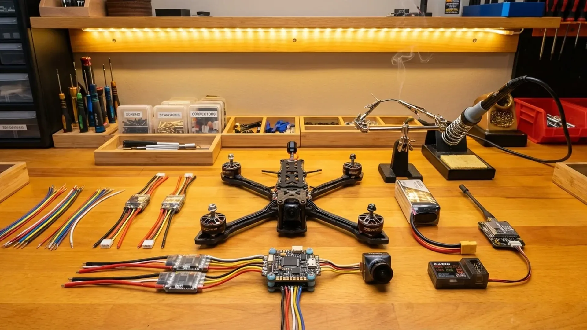 Step-by-step FPV drone build process showing frame assembly and component installation