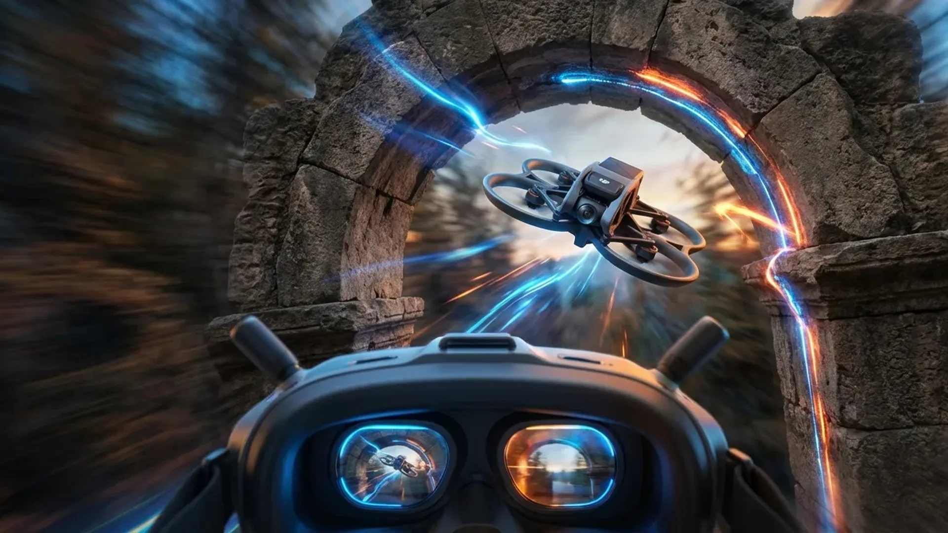 DJI Avata 3 FPV drone concept flying through urban architecture with enhanced camera stabilization