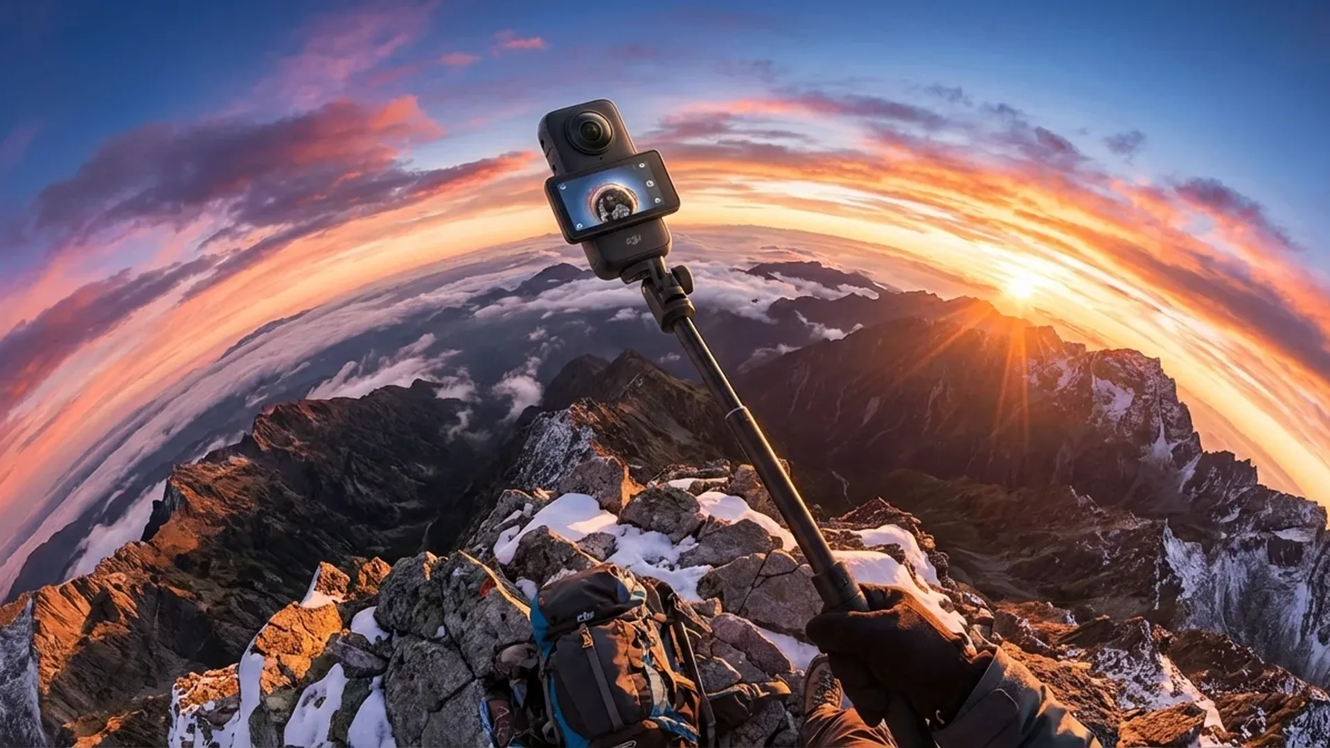 DJI Osmo 360 camera on selfie stick with stunning landscape