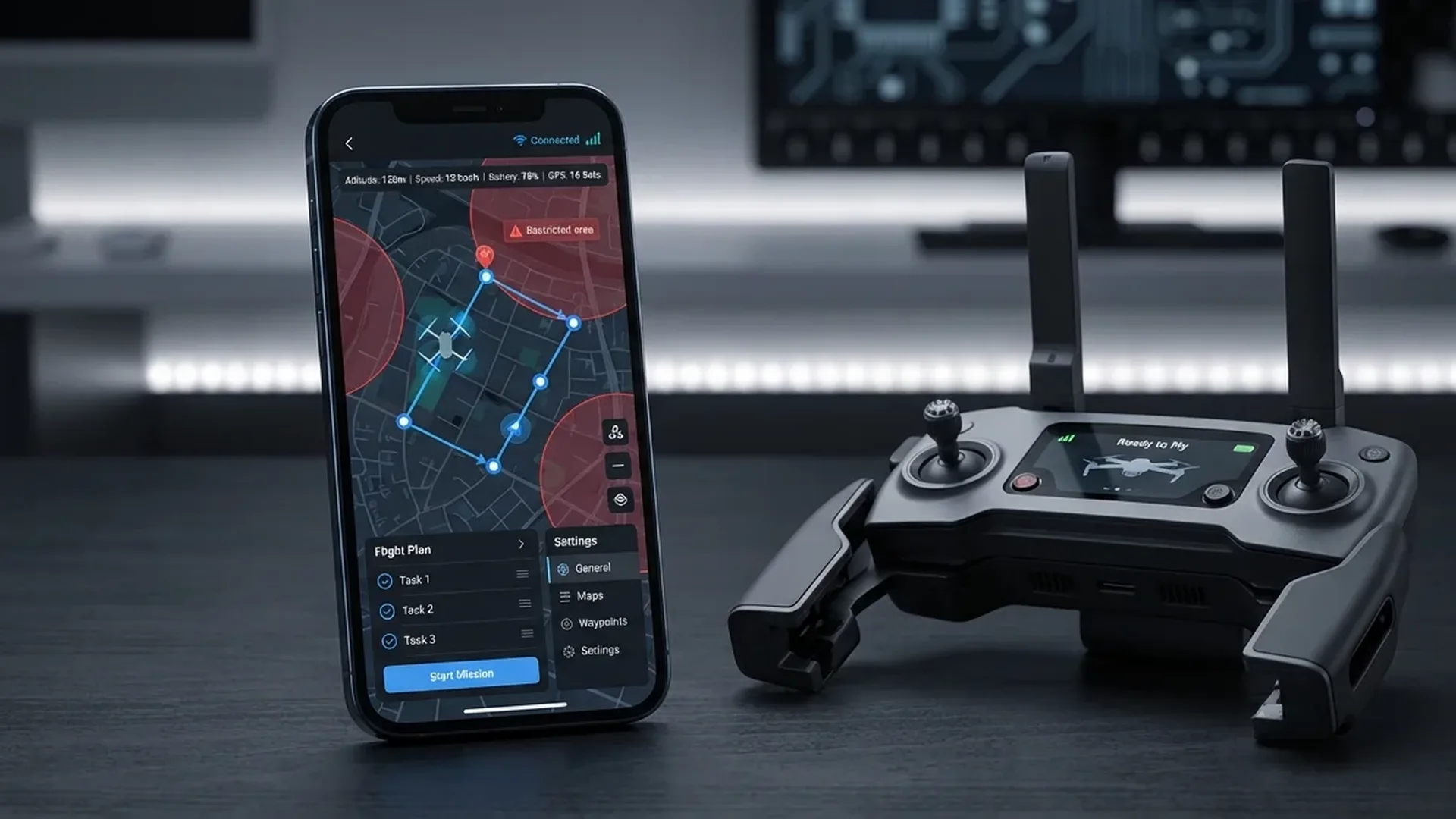 Smartphone displaying drone flight app interface with GPS map and telemetry data
