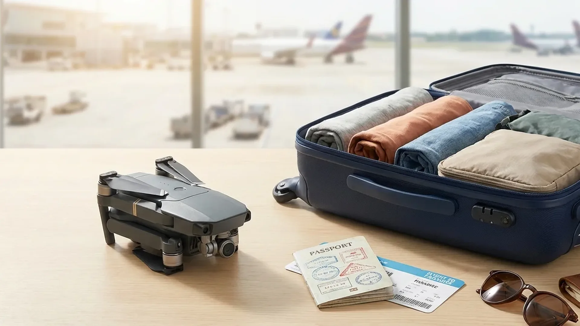 Drone next to a travel suitcase and passport with airline boarding passes