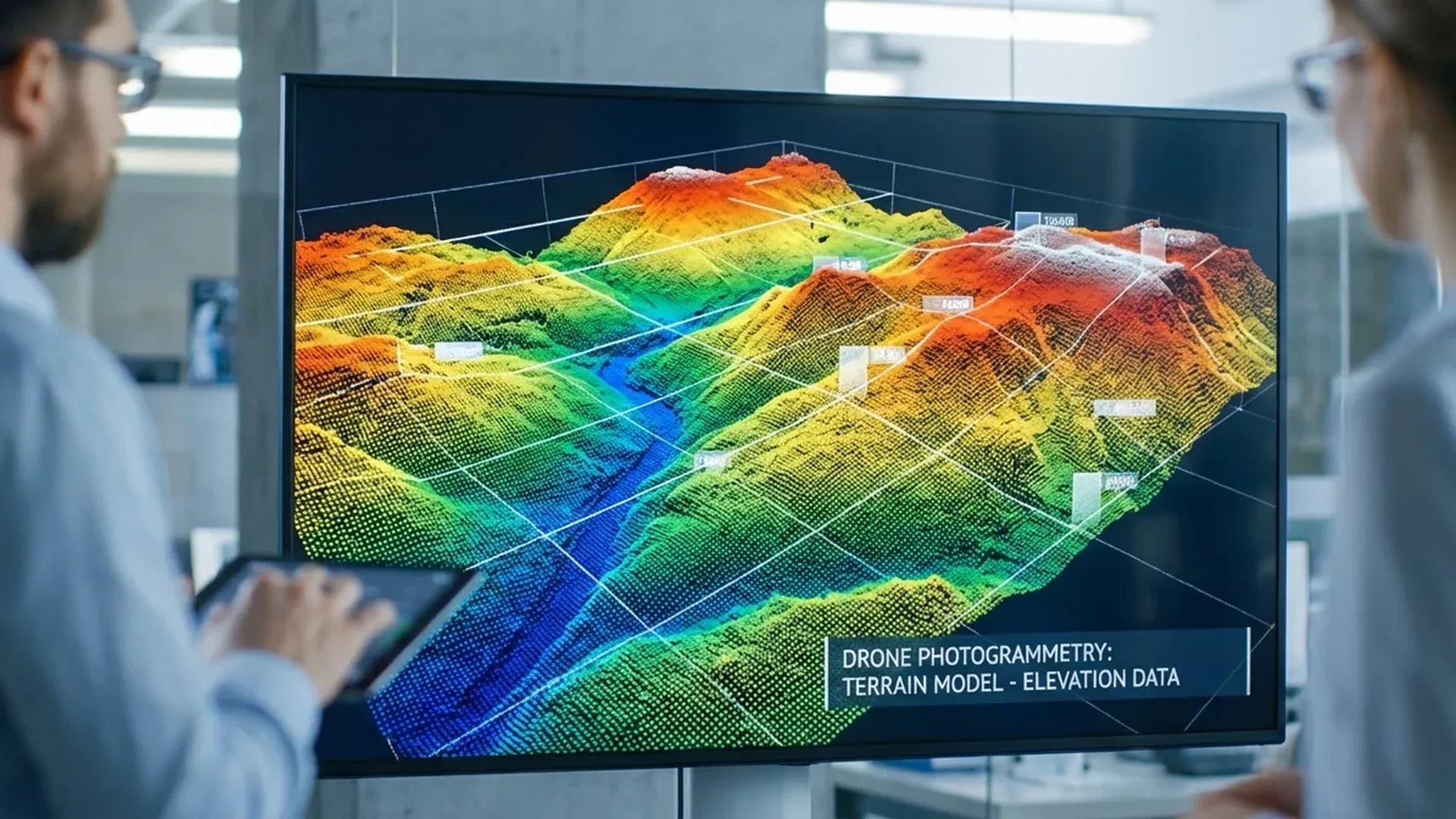 Professional drone conducting aerial mapping survey over construction site with photogrammetry equipment