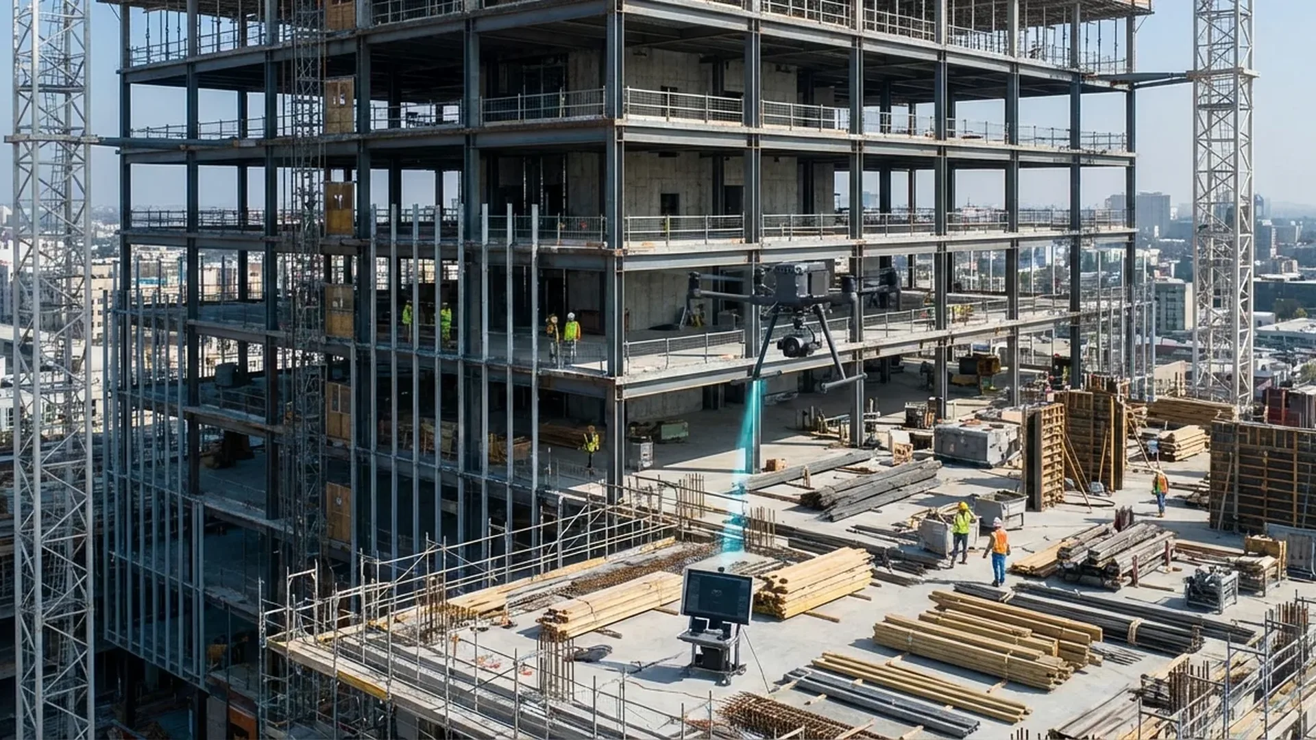 Construction drone performing aerial site inspection and progress monitoring on commercial building project