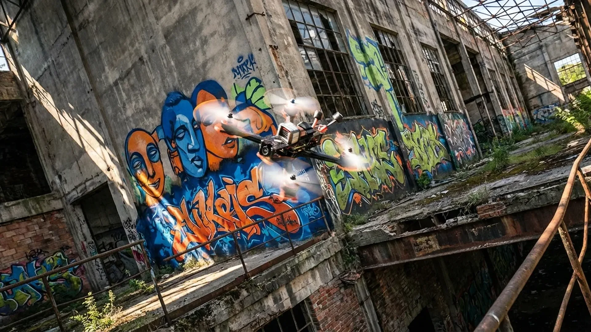 FPV freestyle drone performing powerloop maneuver through tight gap