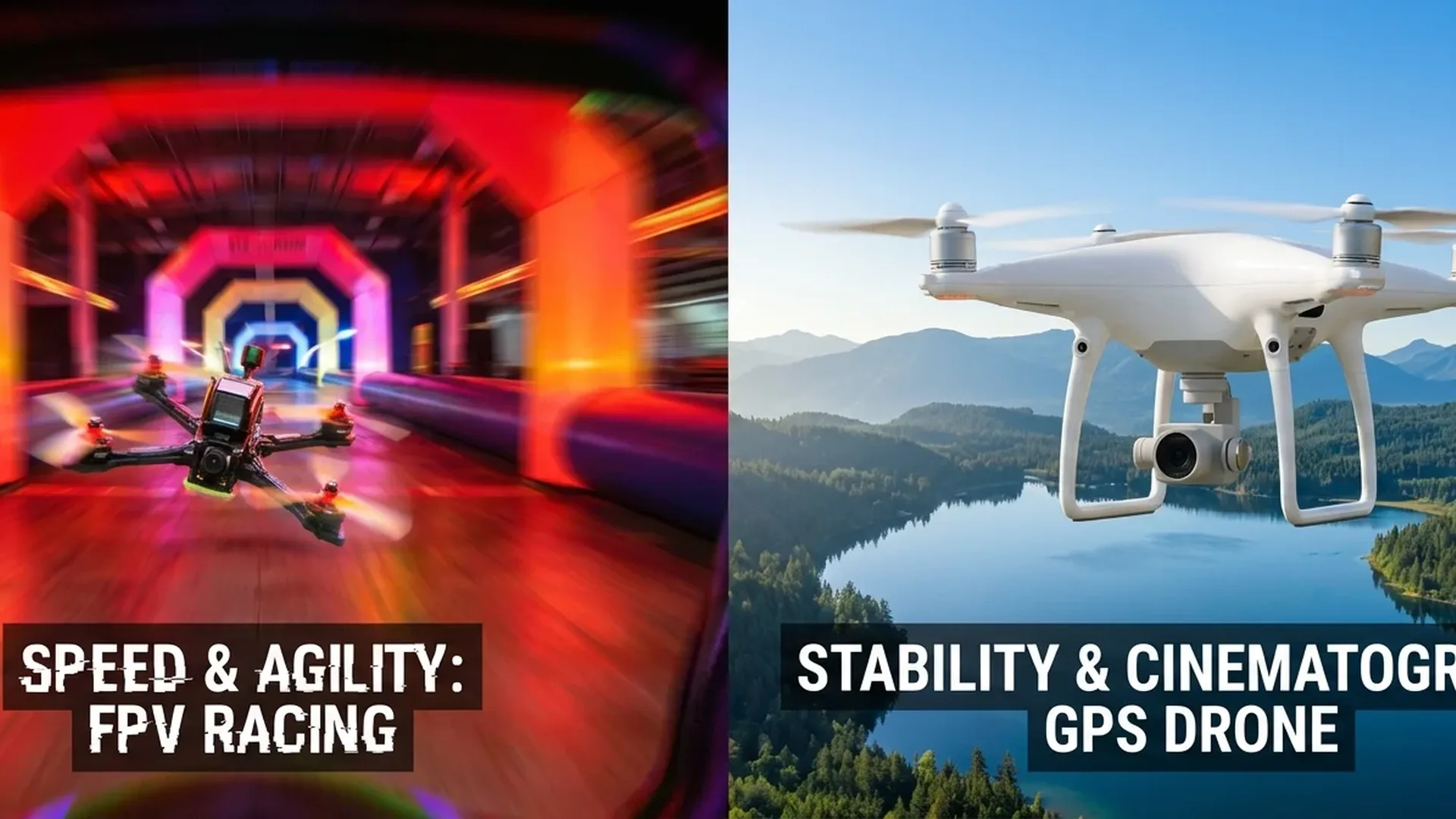 Side-by-side comparison of FPV and GPS drones showing their key technological differences