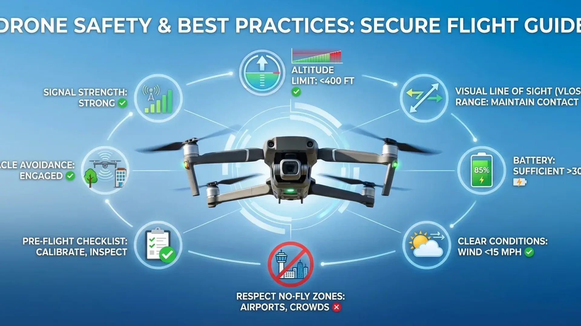 Comprehensive drone safety checklist showing EASA 2026 flight rules and pre-flight inspection requirements