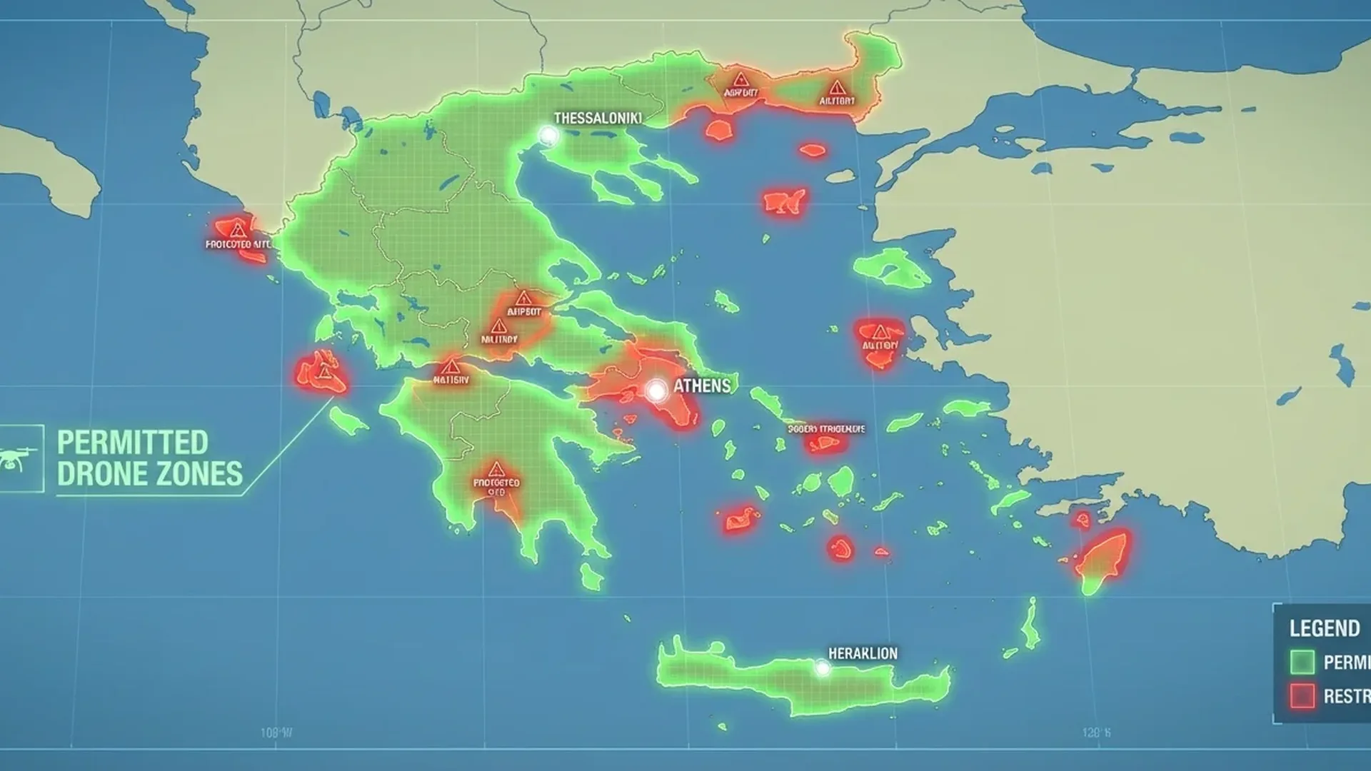 Interactive map showing drone flight zones in Greece with green, red and yellow restricted areas