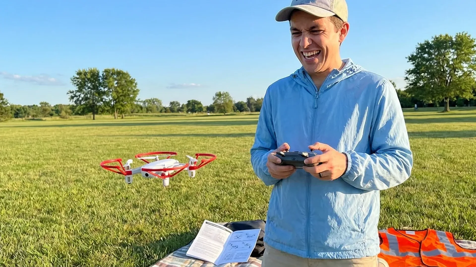 Beginner pilot flying a drone in an open field at sunset, learning basic controls