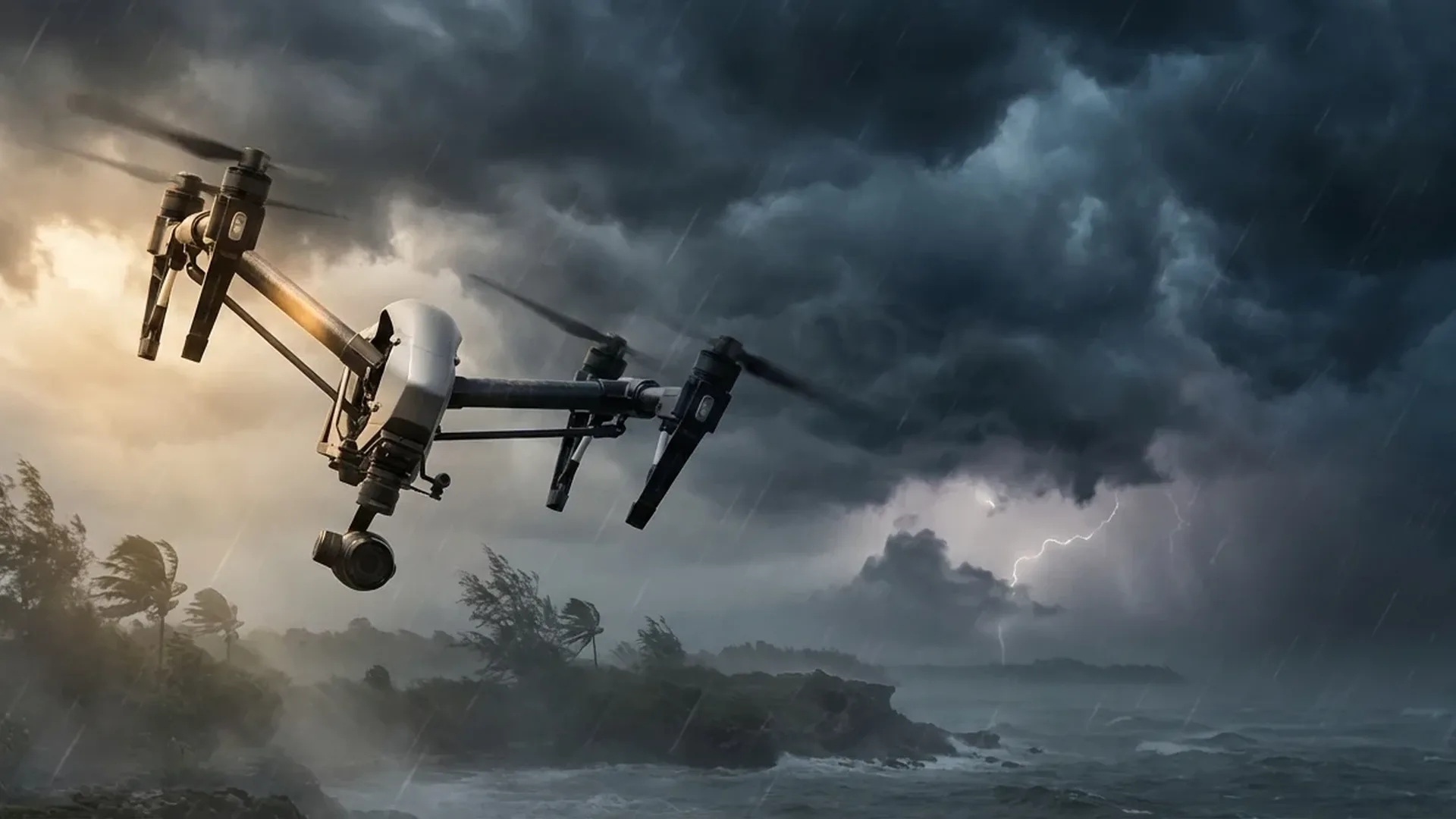 DJI Mini 4 Pro drone flying in stormy weather with dark clouds and strong wind conditions