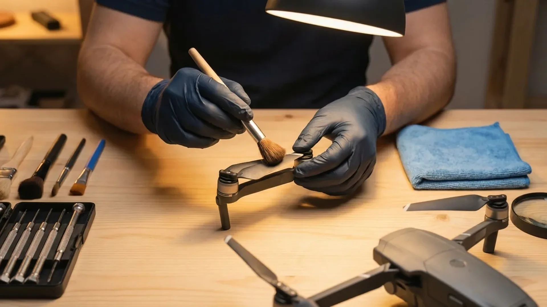 Drone technician carefully cleaning propeller blades with precision brush in professional maintenance workshop
