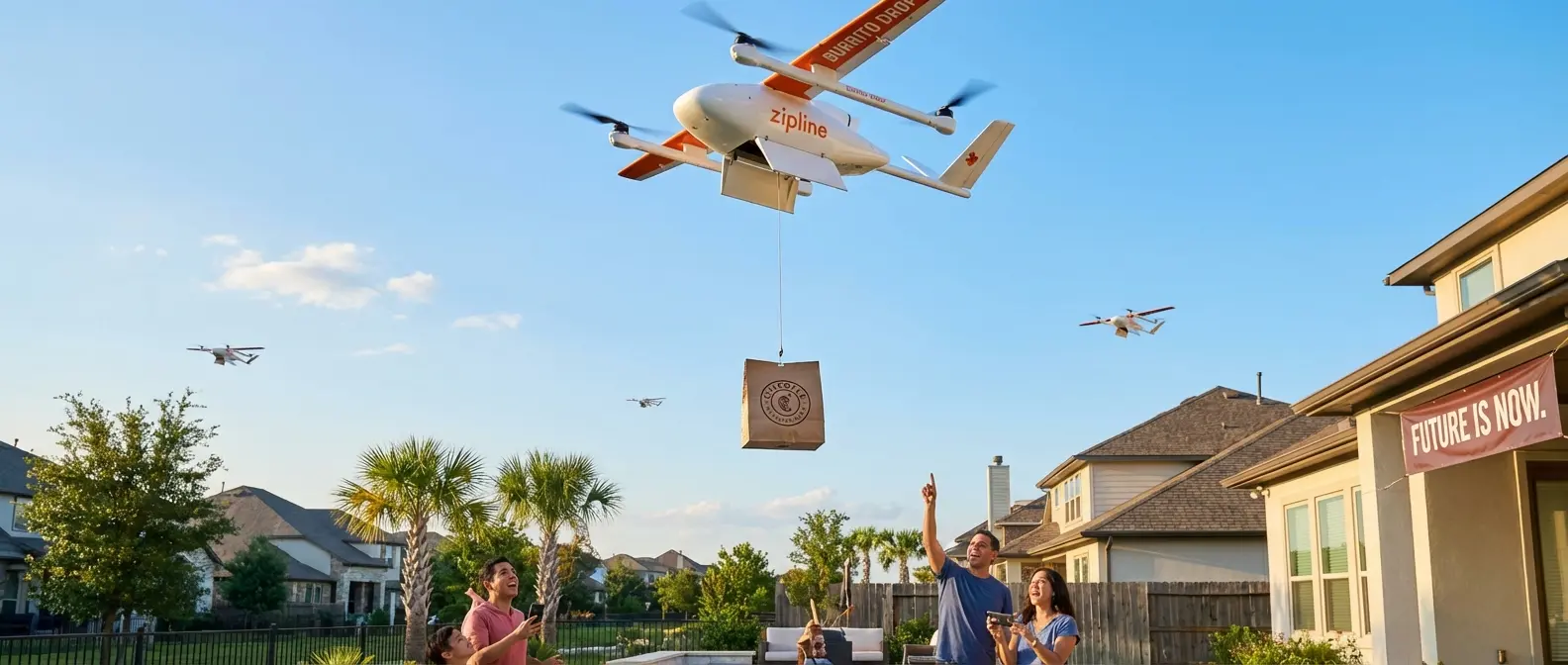 Autonomous delivery drone carrying package through urban skyline - the future of last-mile logistics