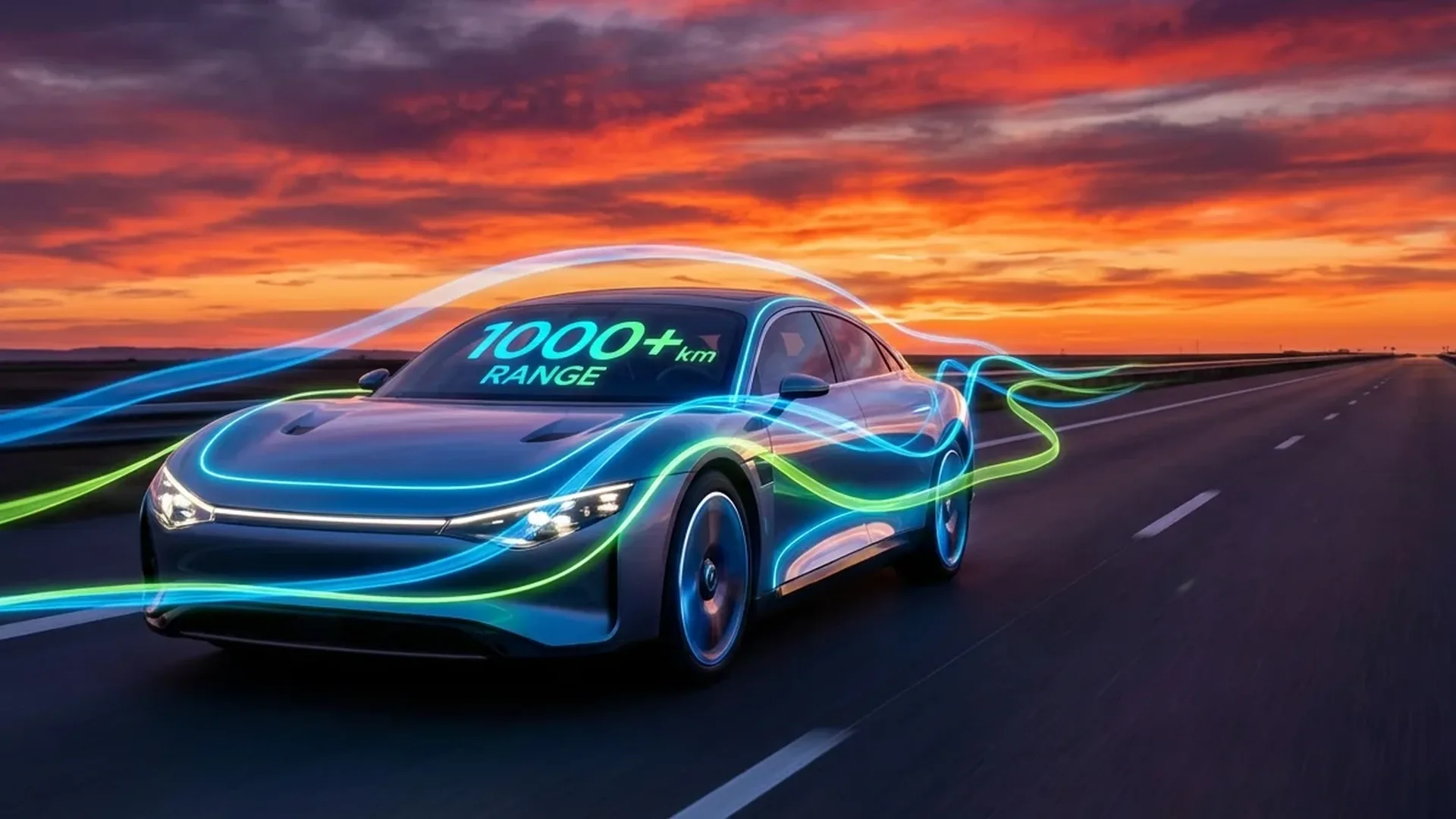 Electric vehicle charging with 1,000 km range capability dashboard display showing advanced battery technology