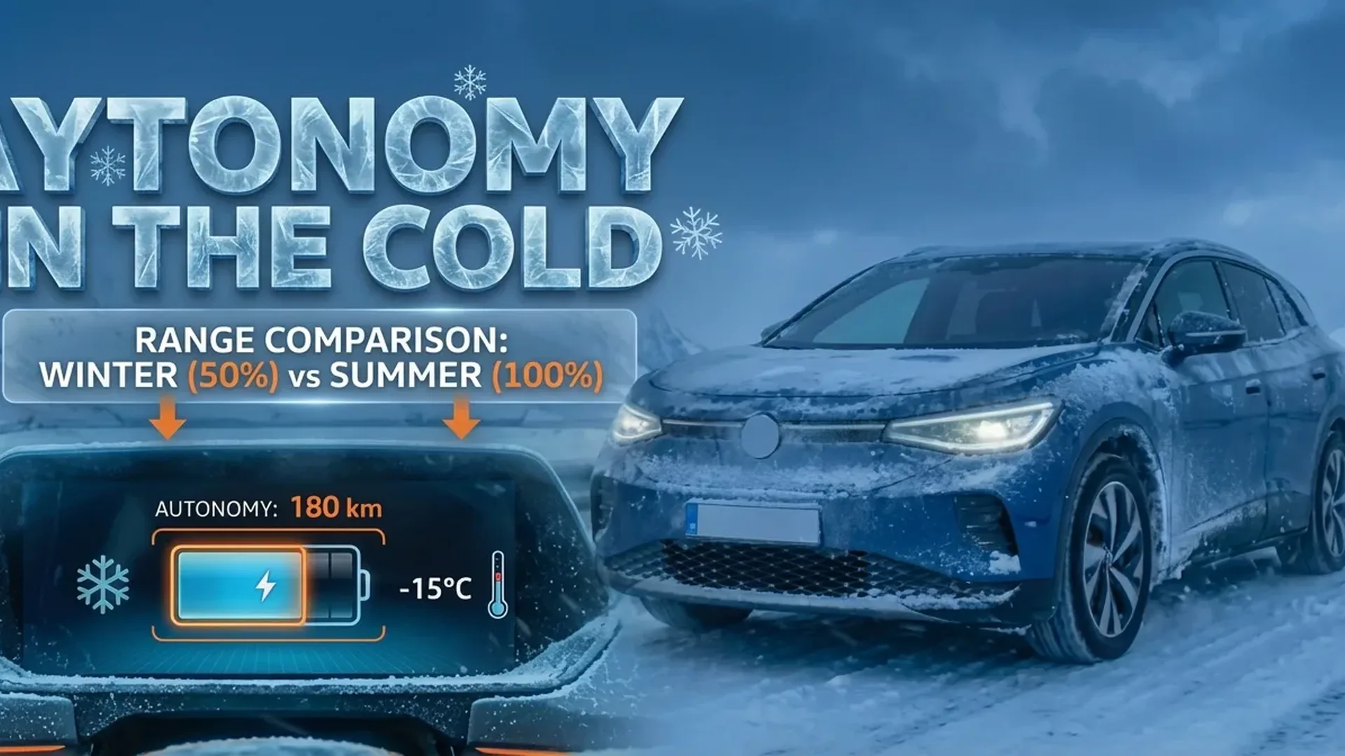 Electric vehicle dashboard showing reduced range in snowy winter conditions with temperature indicator