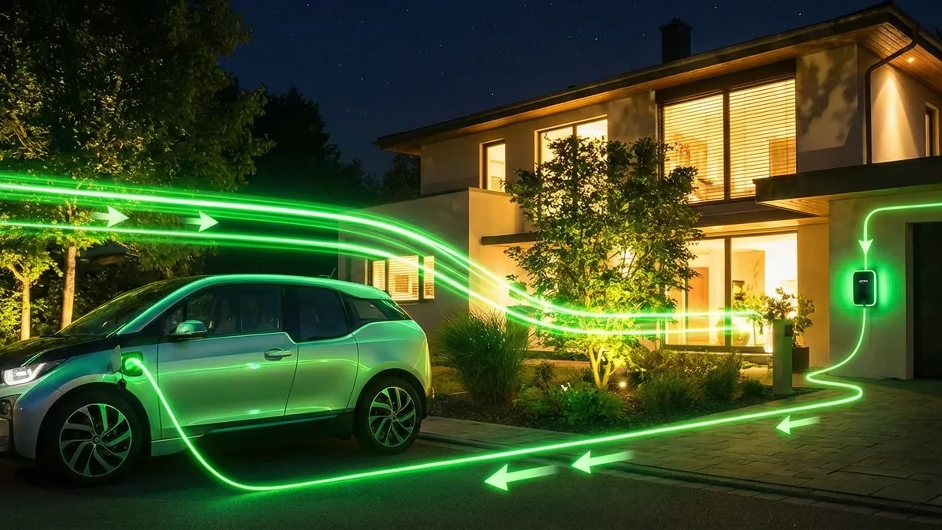 Electric vehicle connected to home via bidirectional charging system providing backup power during outage