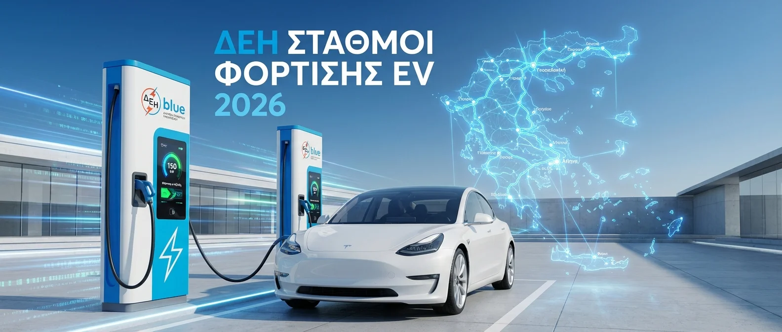 Map of DEH and private charging stations across Greece in 2026 with location icons