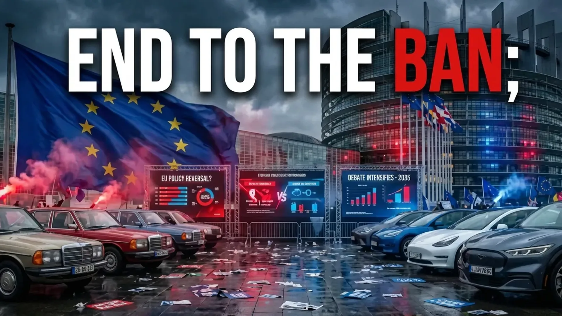 European Union flag with electric car symbols representing the 2035 gasoline ban policy