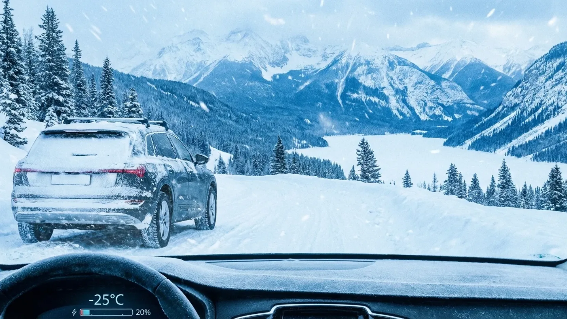 Electric vehicle driving through snowy road with winter tires and optimal range display