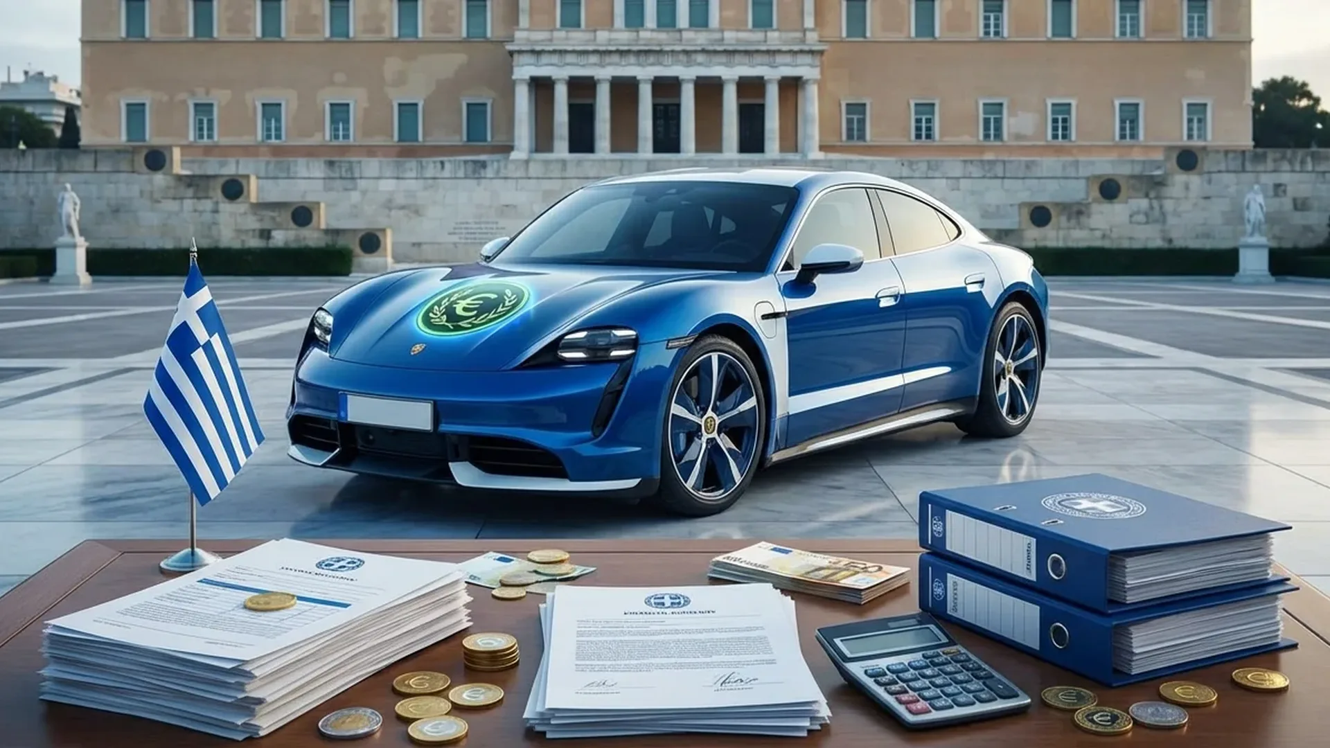 Greek EV tax benefits breakdown showing registration tax exemption, road tax savings, and subsidy amounts for electric vehicles in 2026