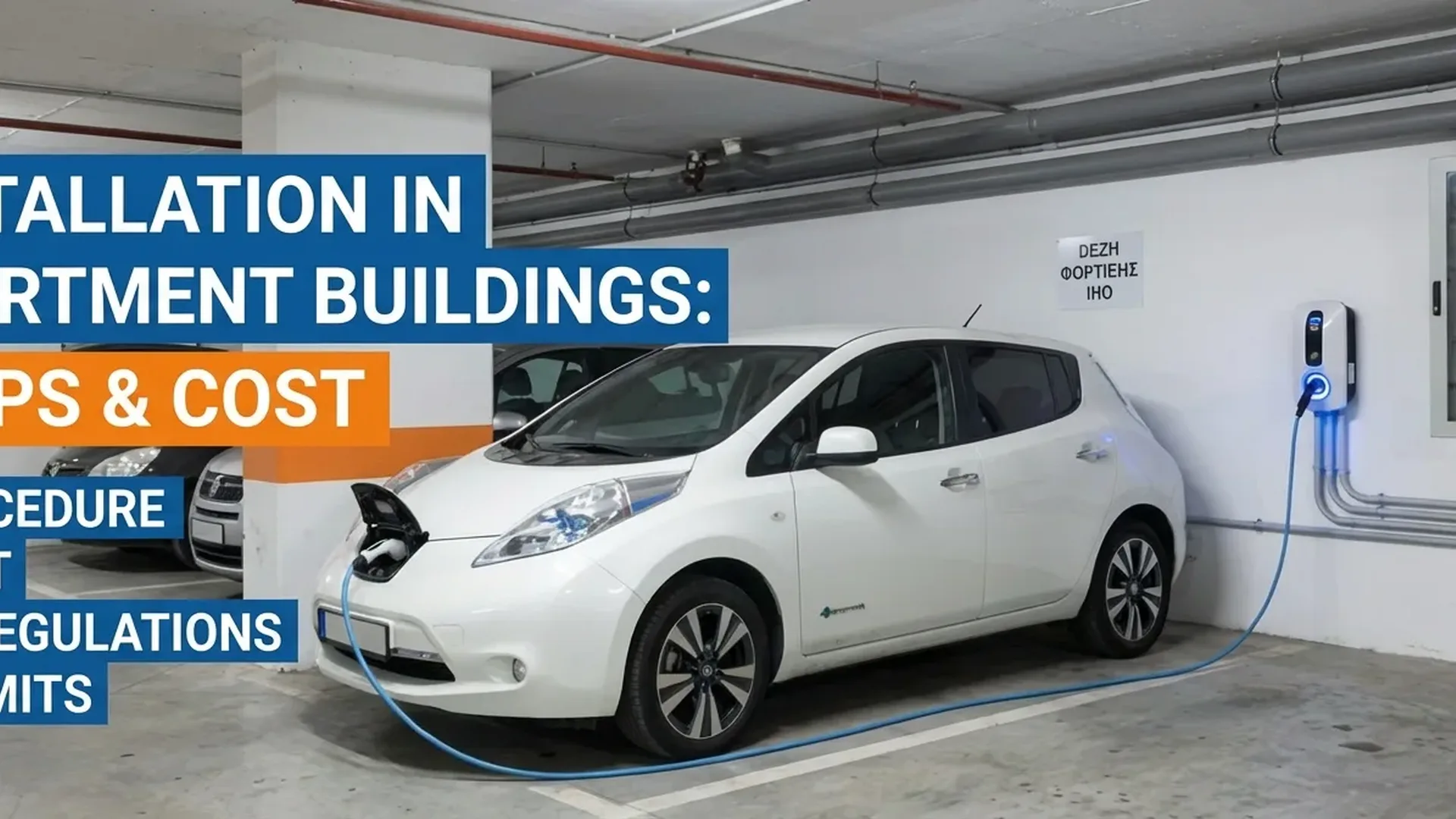 Electric vehicle charging station installation in Greek apartment building garage showing legal compliance