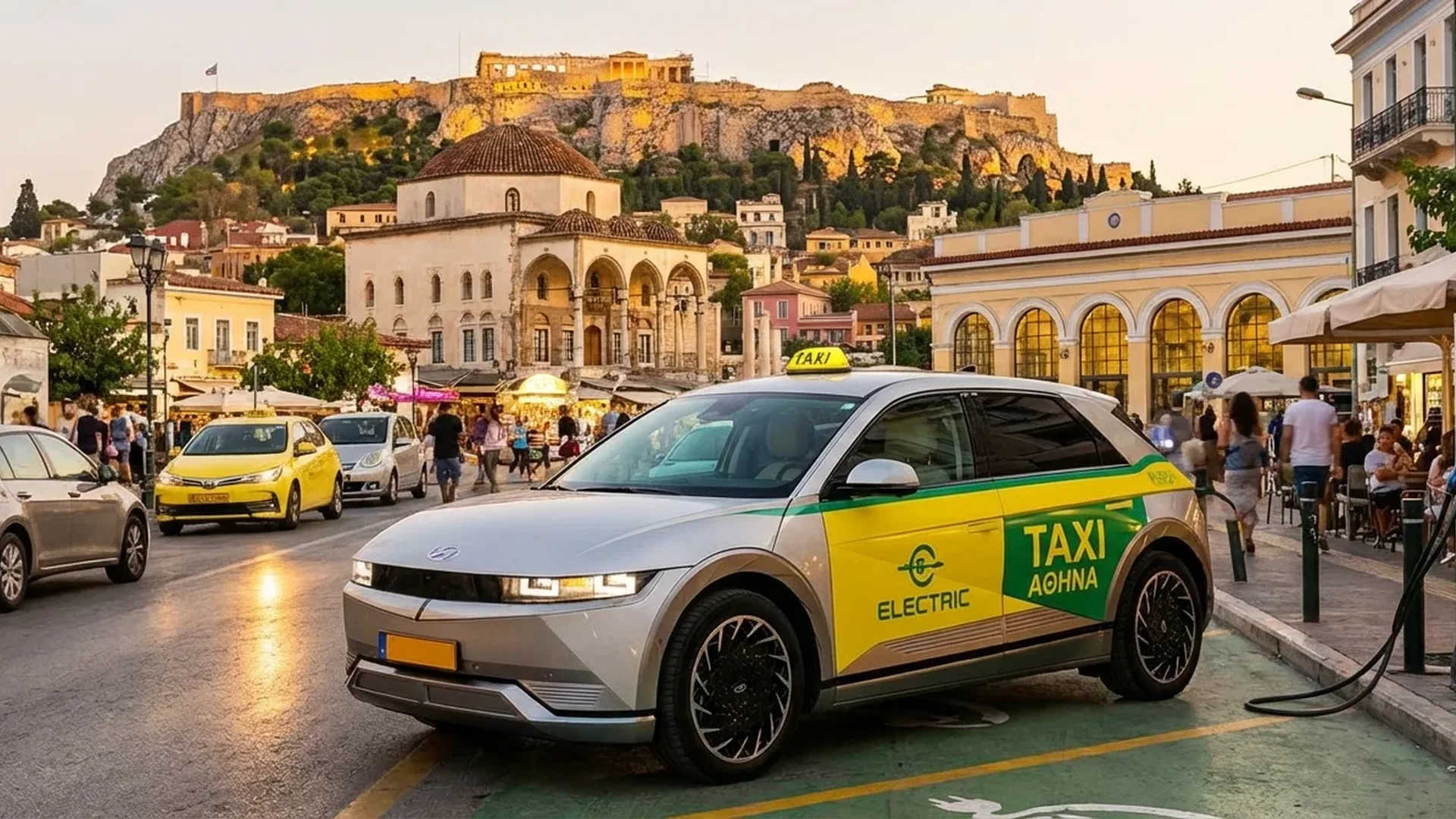 Electric taxi charging at Athens station with city skyline in background