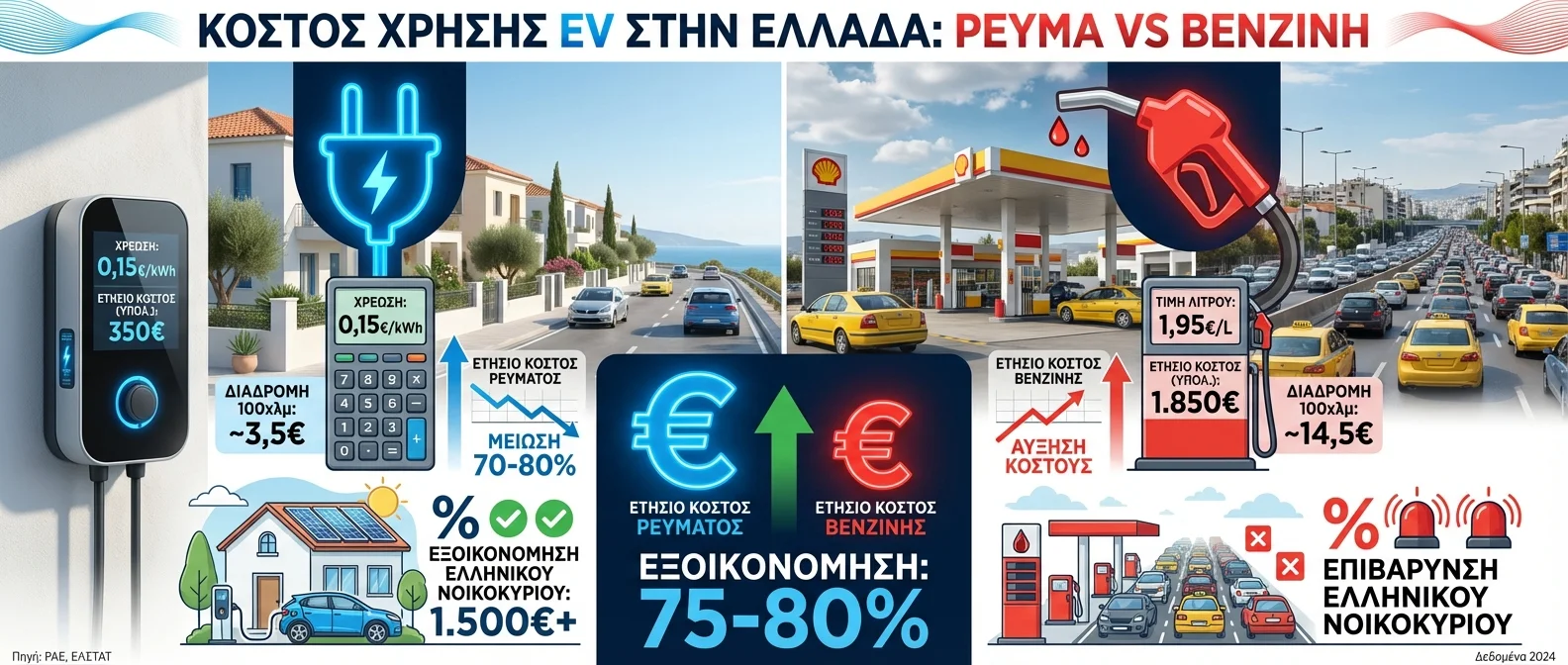 Cost comparison between electric and gasoline cars in Greece with detailed breakdown analysis