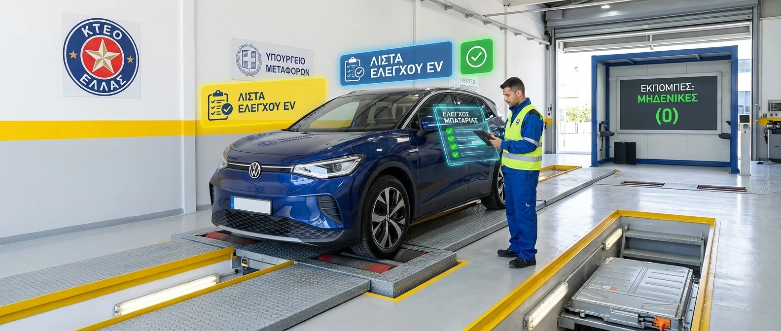 Electric car at Greek inspection center with technician checking battery system