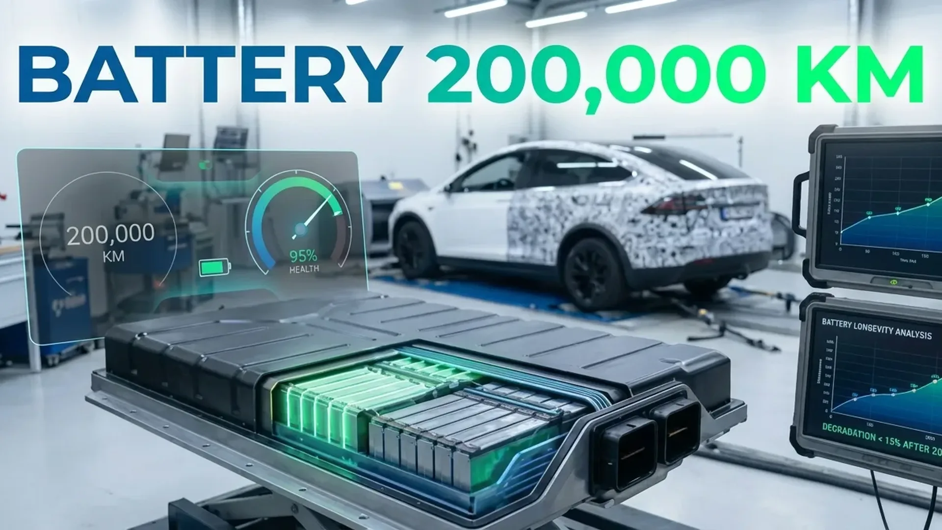 Used electric vehicle being inspected at dealership in Greece showing battery health display