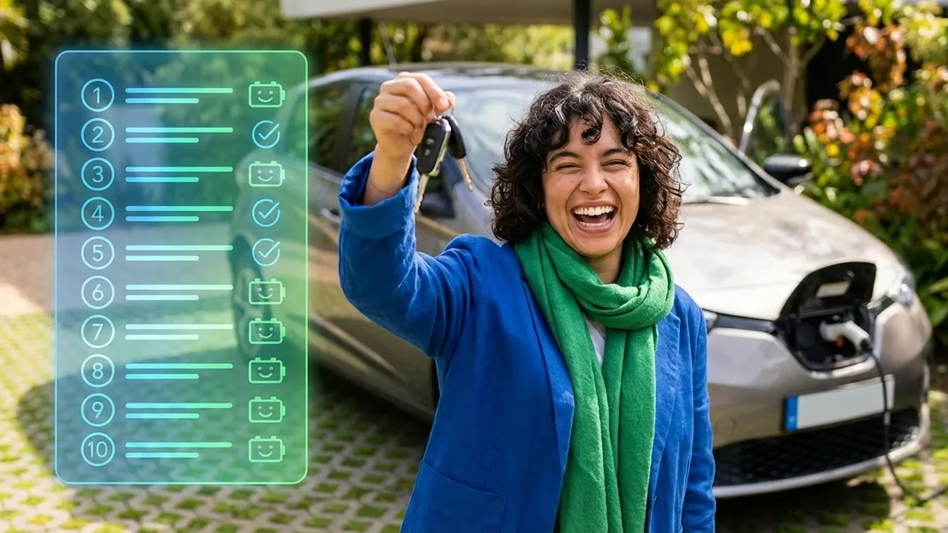 New electric vehicle owner reading comprehensive EV buying guide with charging station and modern electric car in background