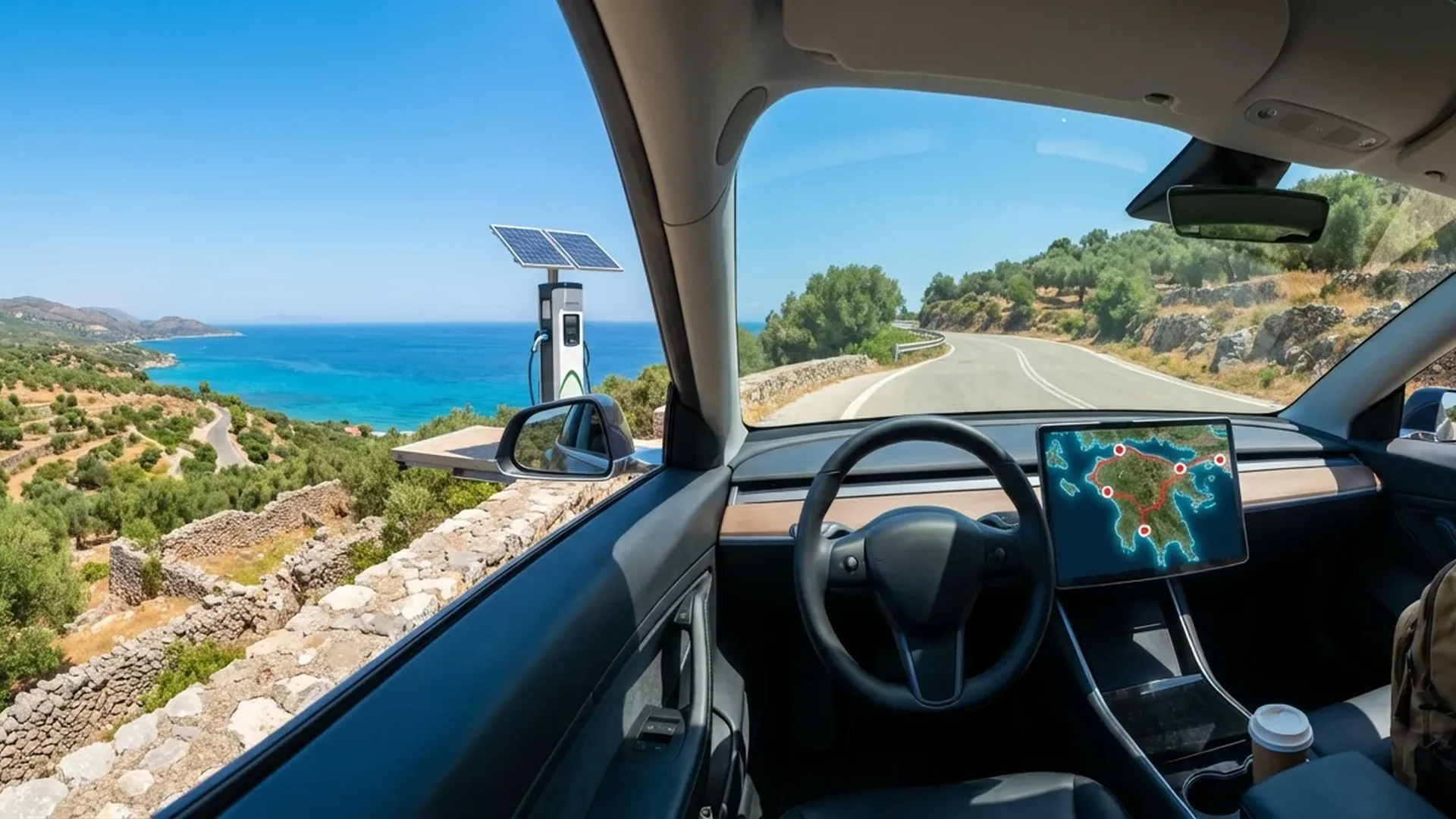 EV charging station map across Peloponnese peninsula showing 400-mile scenic route through ancient Greek landmarks
