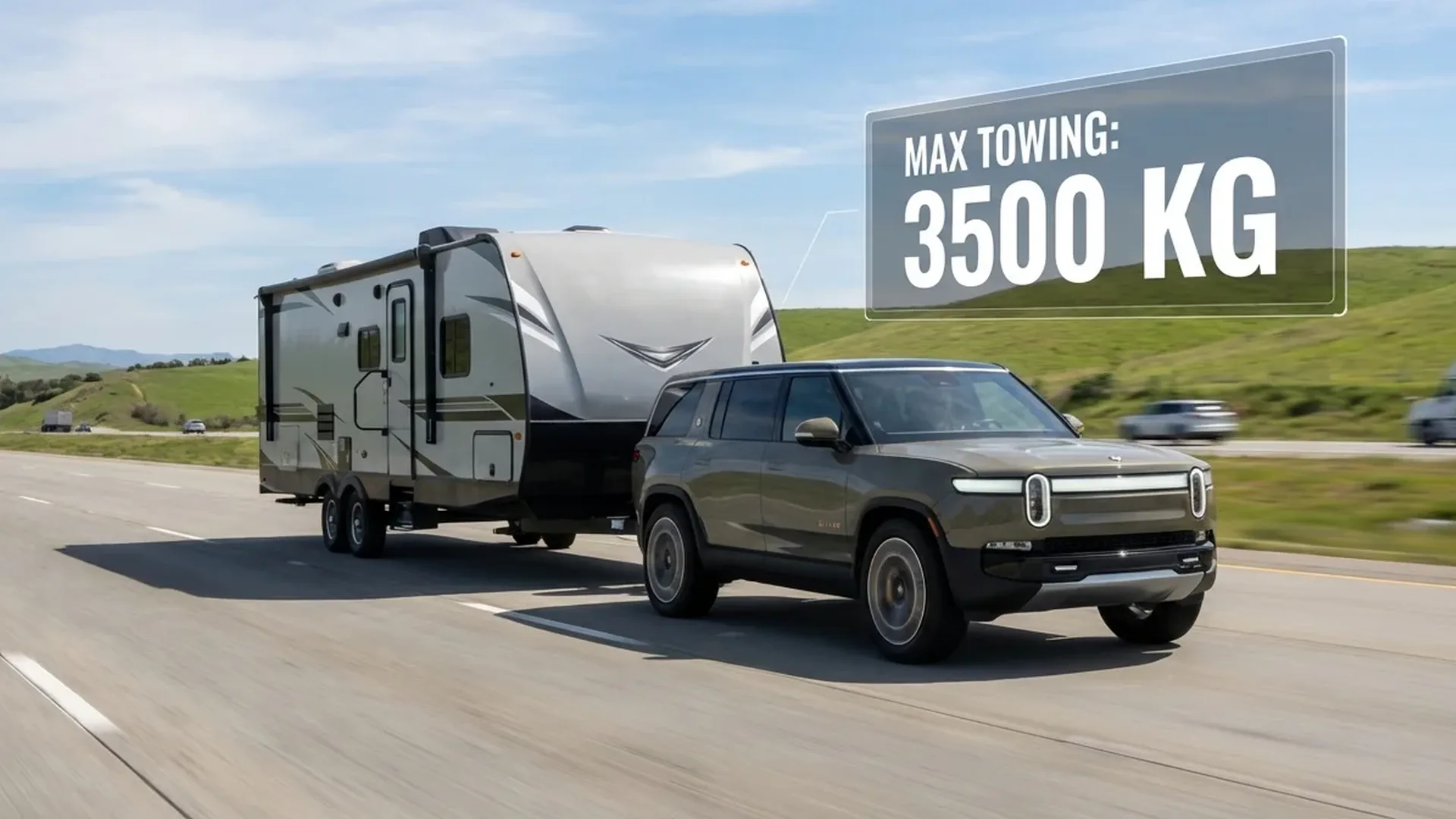Electric vehicle towing a large trailer showing maximum towing capacity comparison between different EV models